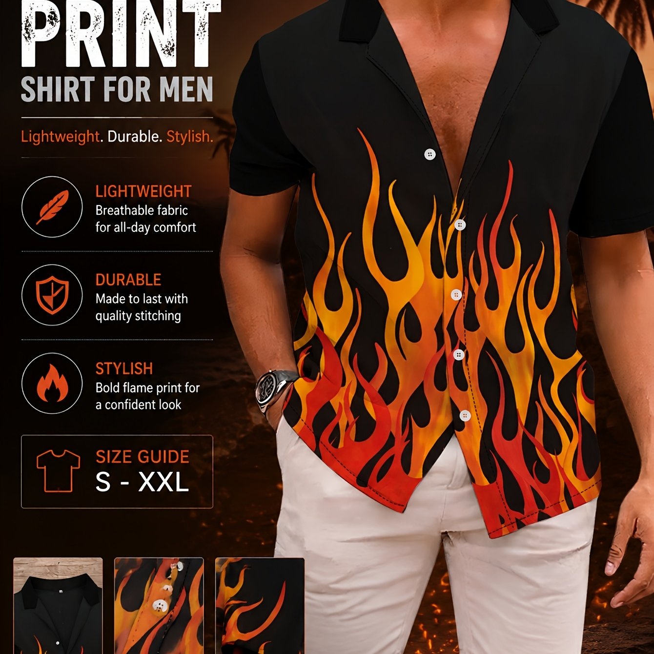 TEMU Summer New Short Sleeve Shirt Men's Trendy Flame Print Loose Casual Cardigan Top||