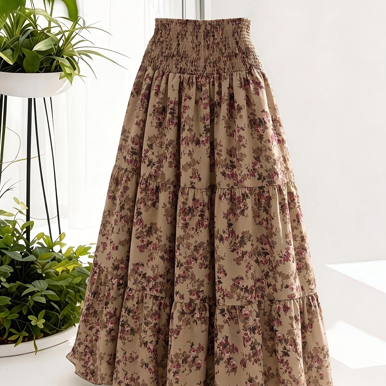 TEMU Jupe à carreaux et décontractée pour femmes rondes, jupe longue superposée pour femmes, robe longue florale petite taille à taille haute avec