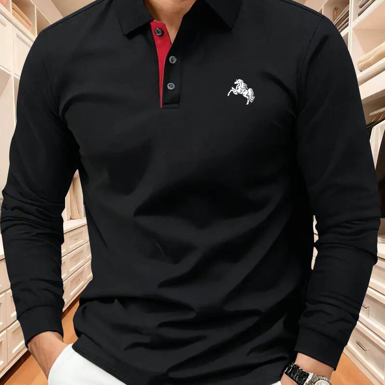 TEMU Men's High-end Geometric Horse Print Long-sleeve Shirt, Featuring A Lapel Collar For A , Fashionable, And Comfortable Look. Suitable For Sports,