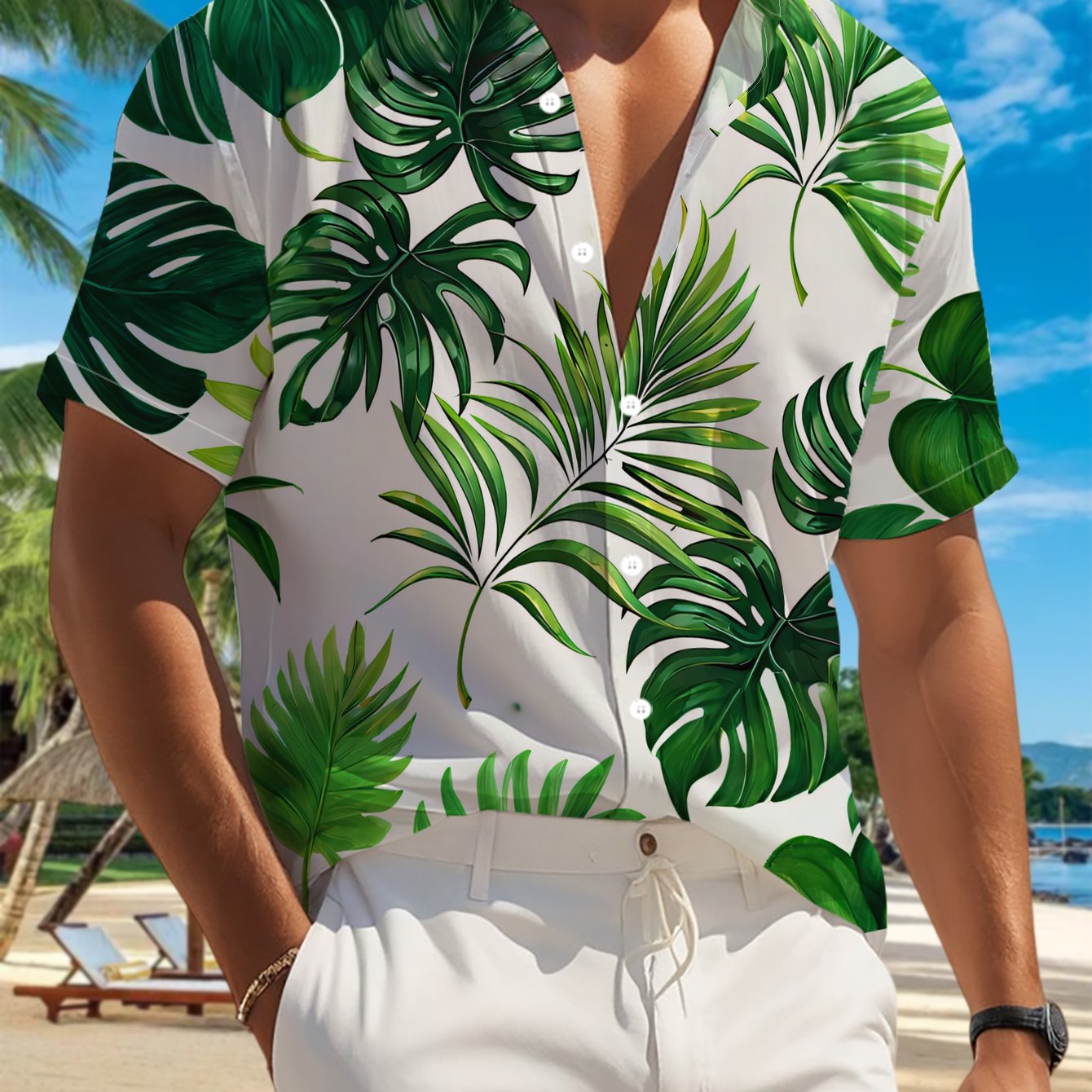 TEMU 's Casual Short-sleeve Shirt With Emerald Tropical Broadleaf Scattered Pattern, Full Of , Versatile For Holiday Parties And Commuting,