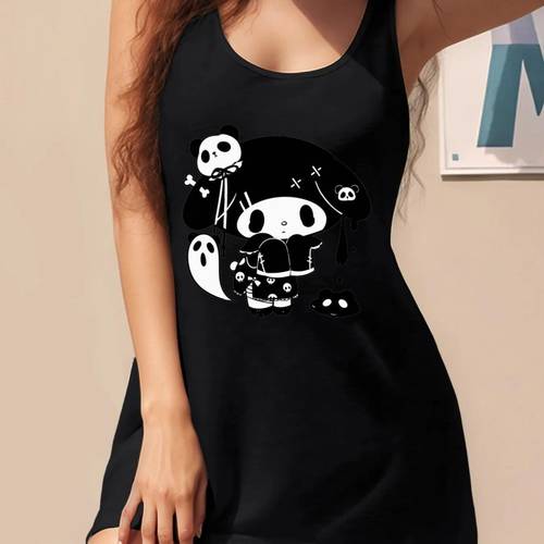 for cute prints womens sleeveless dress black v neck casual beach summer wear machine washable with cartoon design