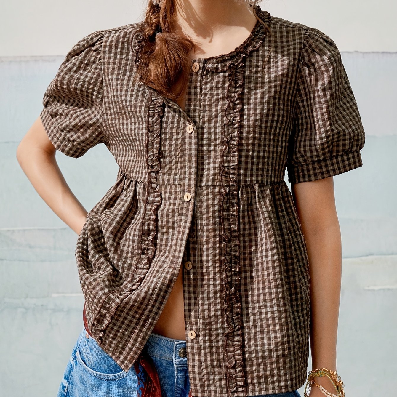TEMU Women's Round Neck Puff Sleeve Vintage Check Casual Shirt