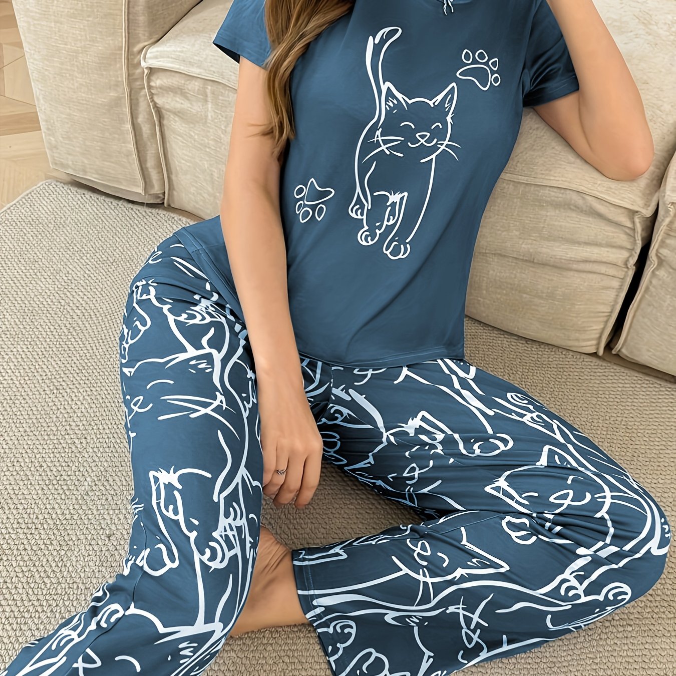 TEMU 【商品名】レディース 手描き 猫柄 ライン柄 プリント 半袖 パンツ パジャマセット