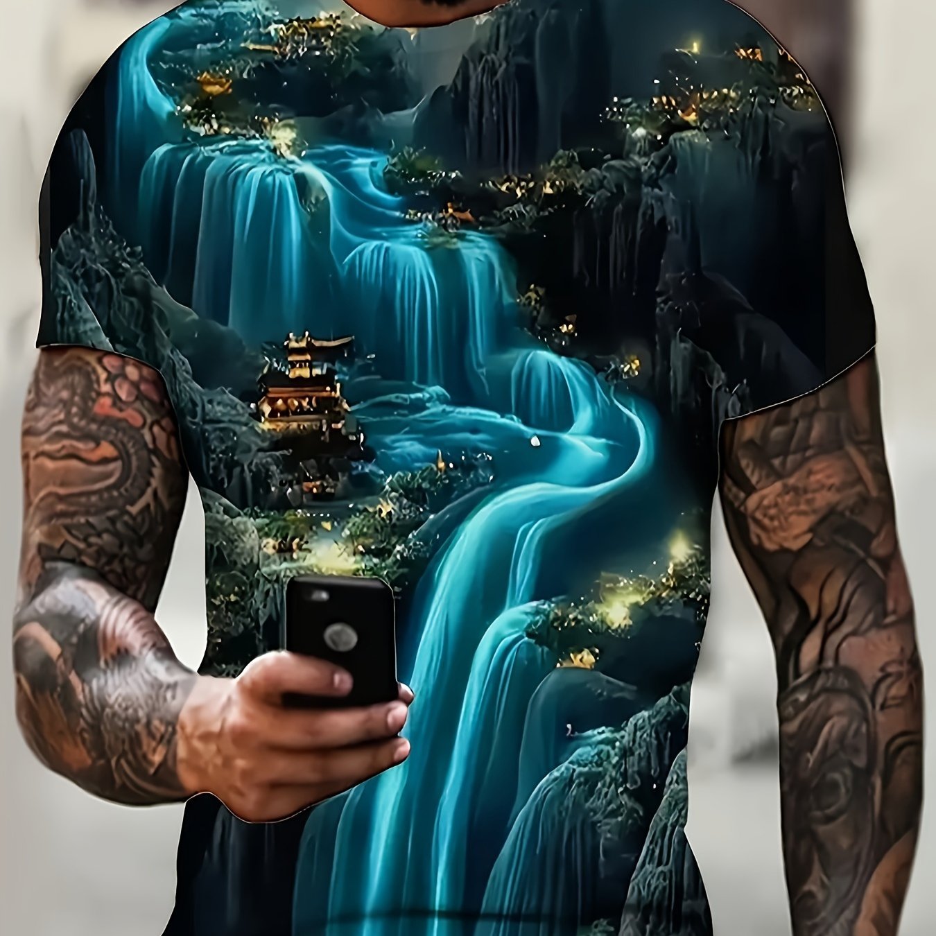 TEMU Men's 3d Night Landscape Graphic Tee - Casual Short Sleeve T-shirt, Breathable Polyester, Summer