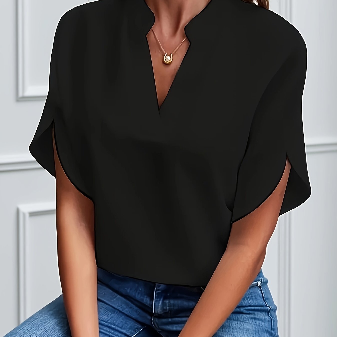 E-shop Frühling Sommer Herbst Einfarbiges Casual Pendlerhemd / V-Ausschnitt Lockere Fledermausärmel Pullover Bluse, vielseitiger Stil