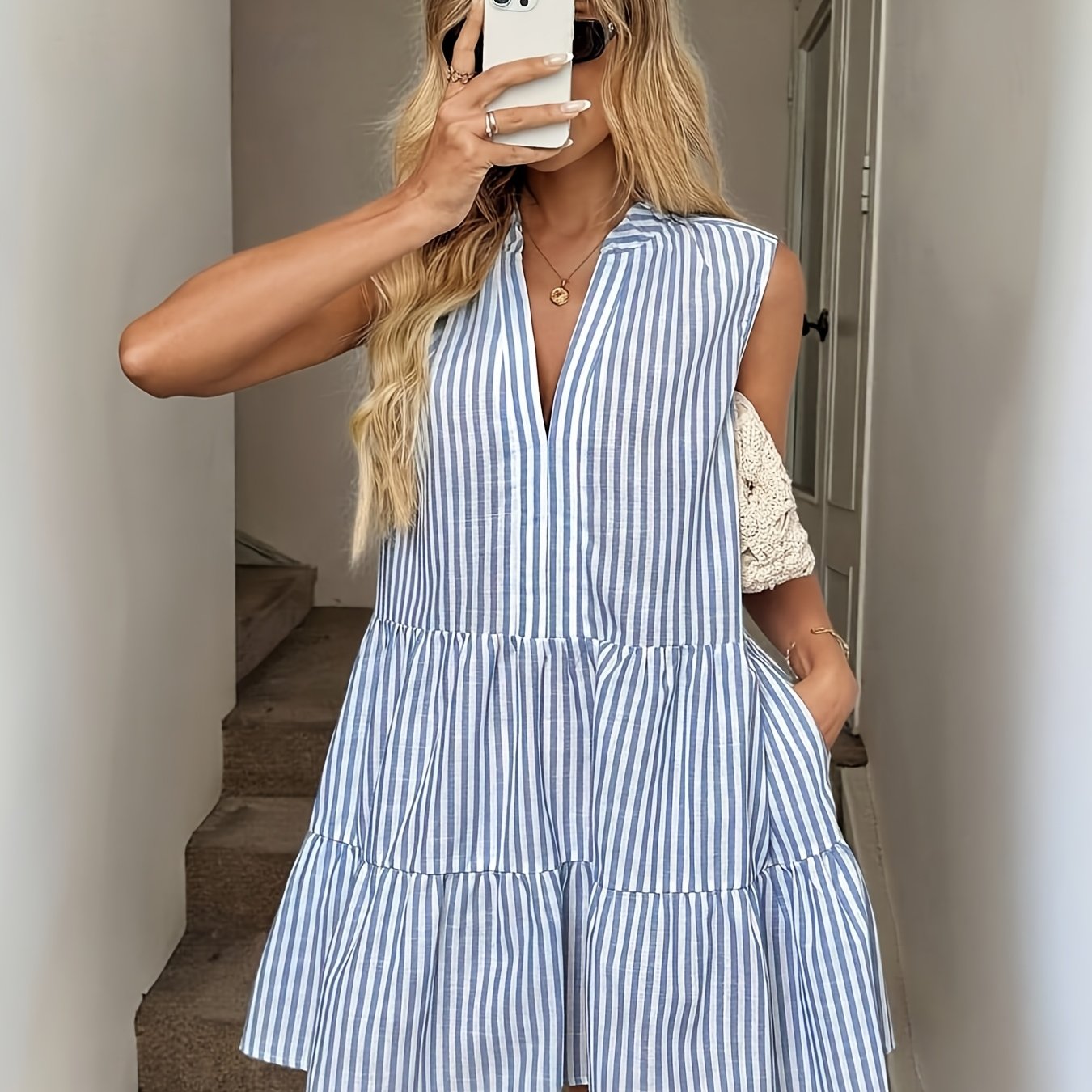 TEMU Women's V-neck Hem Layered Skirt, A-line Skirt, Fabric Casual Vacation Style Sleeveless Mini Dress, Suitable For Women, Spring Summer Dress []