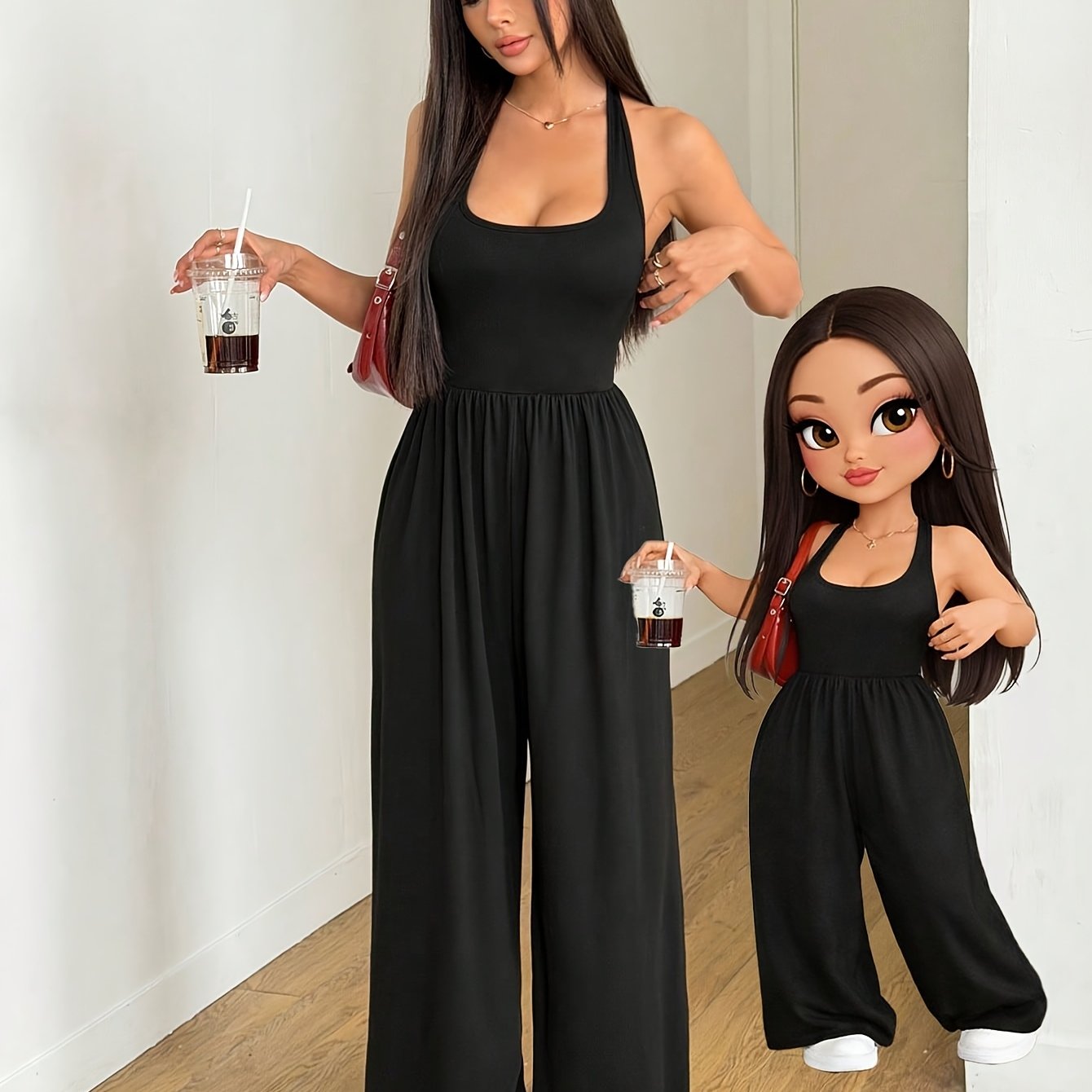 Image of Chic Halter Neck Wide-leg Jumpsuit For Women, Featuring A Backless Design With Draping Fabric Breathable And Skin-friendly, Perfect For Commuting, Casual , Dates, And Versatile Styling