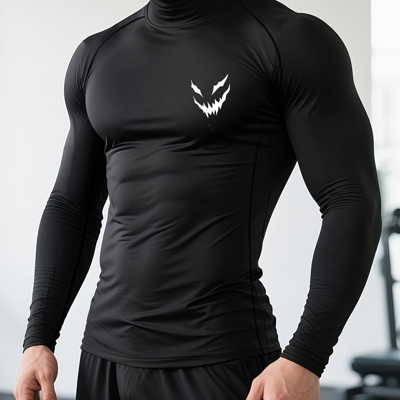 Smile Muscle Long Sleeve Compression Shirt (1-pc) - Black Performance Compression Wear For Gym & Weight Lifting