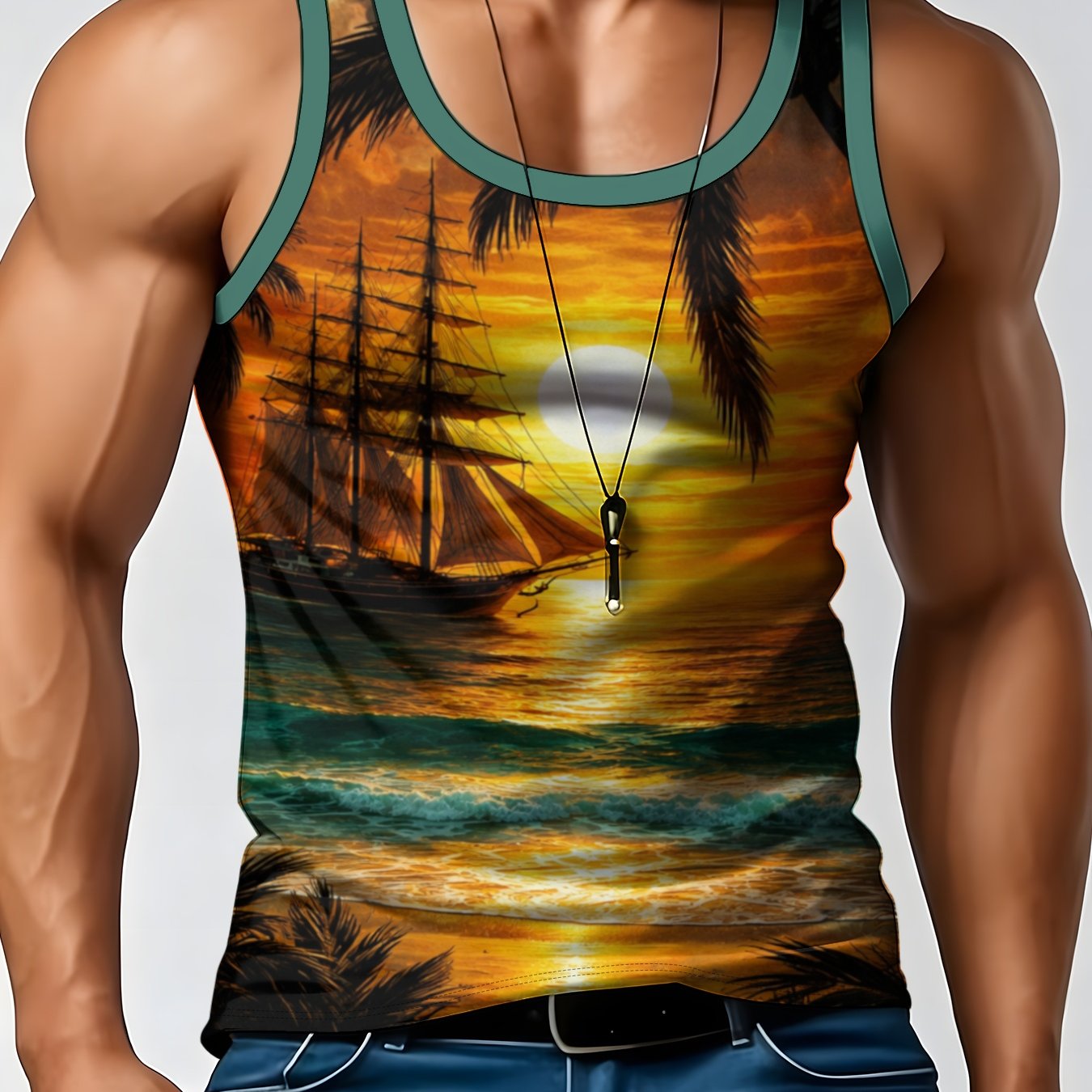 TEMU Casual Men's Geometric Pattern Sleeveless Vest Crew Neck Lightweight Summer Top