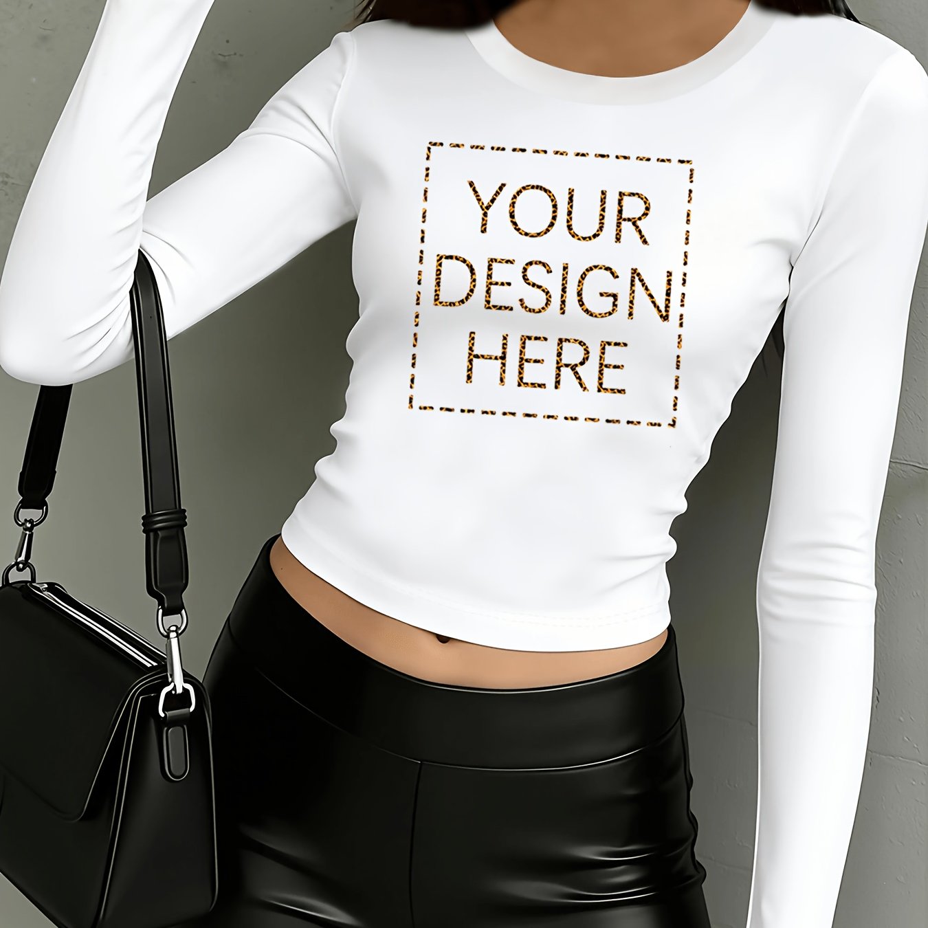 TEMU Custom Printed Pattern Cropped Navel-baring Long Sleeve Tee, Casual Daily Wear, Versatile Fashion Style, Customizable With Your Design