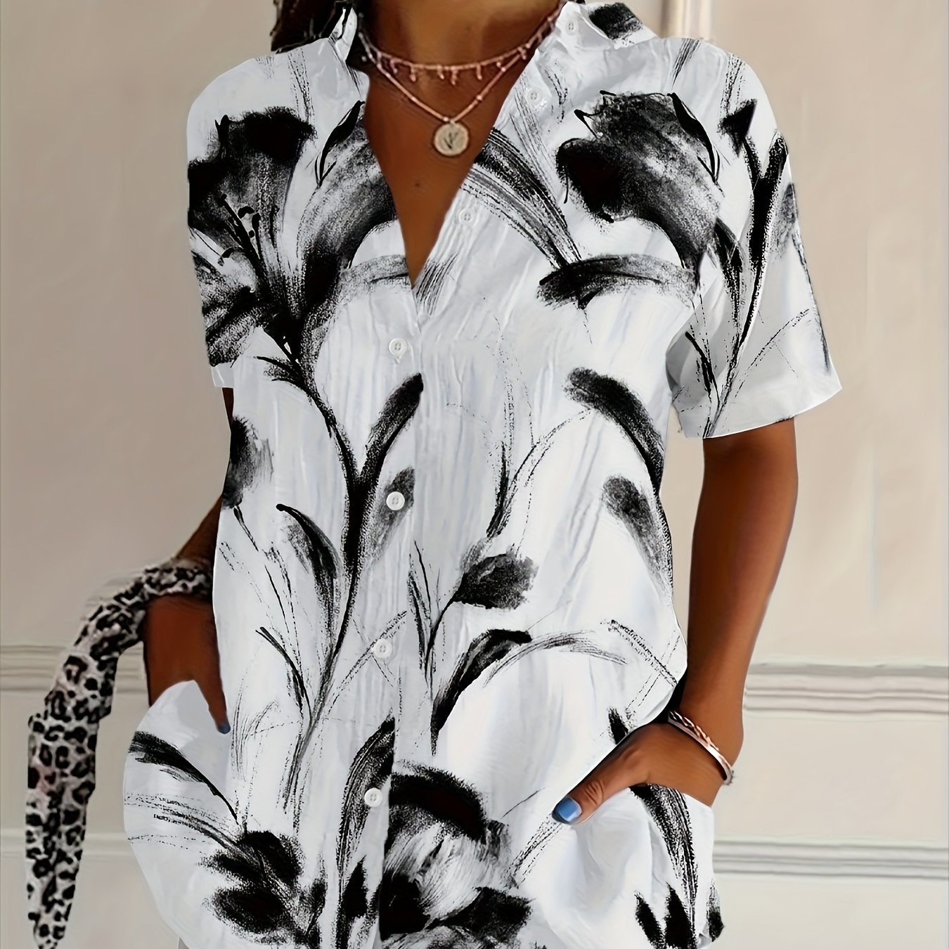 E-shop Plus Size - Retro Casual Mode Japanische Kunst Druck Damenmode Große Größen Knopfleiste Kurzarm Bluse mit Kragen
