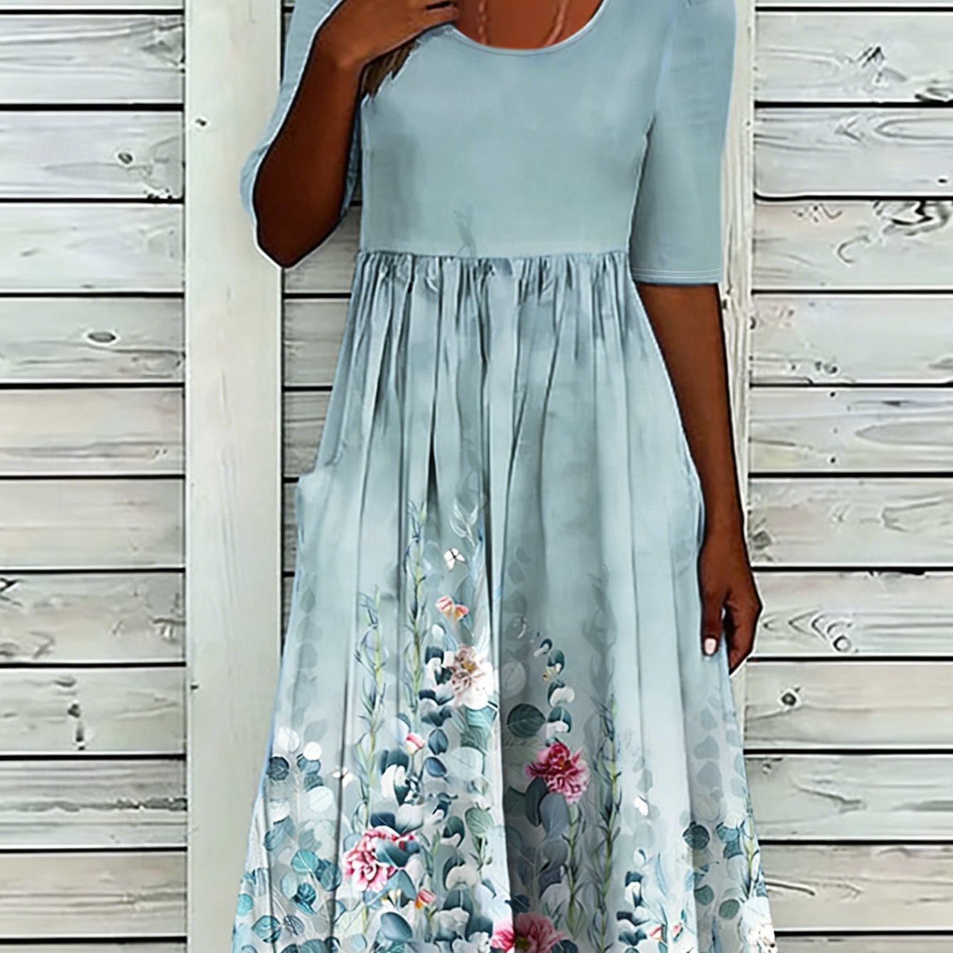 Image of Women' Blue Floral Print Round Neck Half Sleeve A-line Dress Summer Loose Fit Flowy Midi Dress Casual Style Boho With Pockets For Daily And Vacation Wear