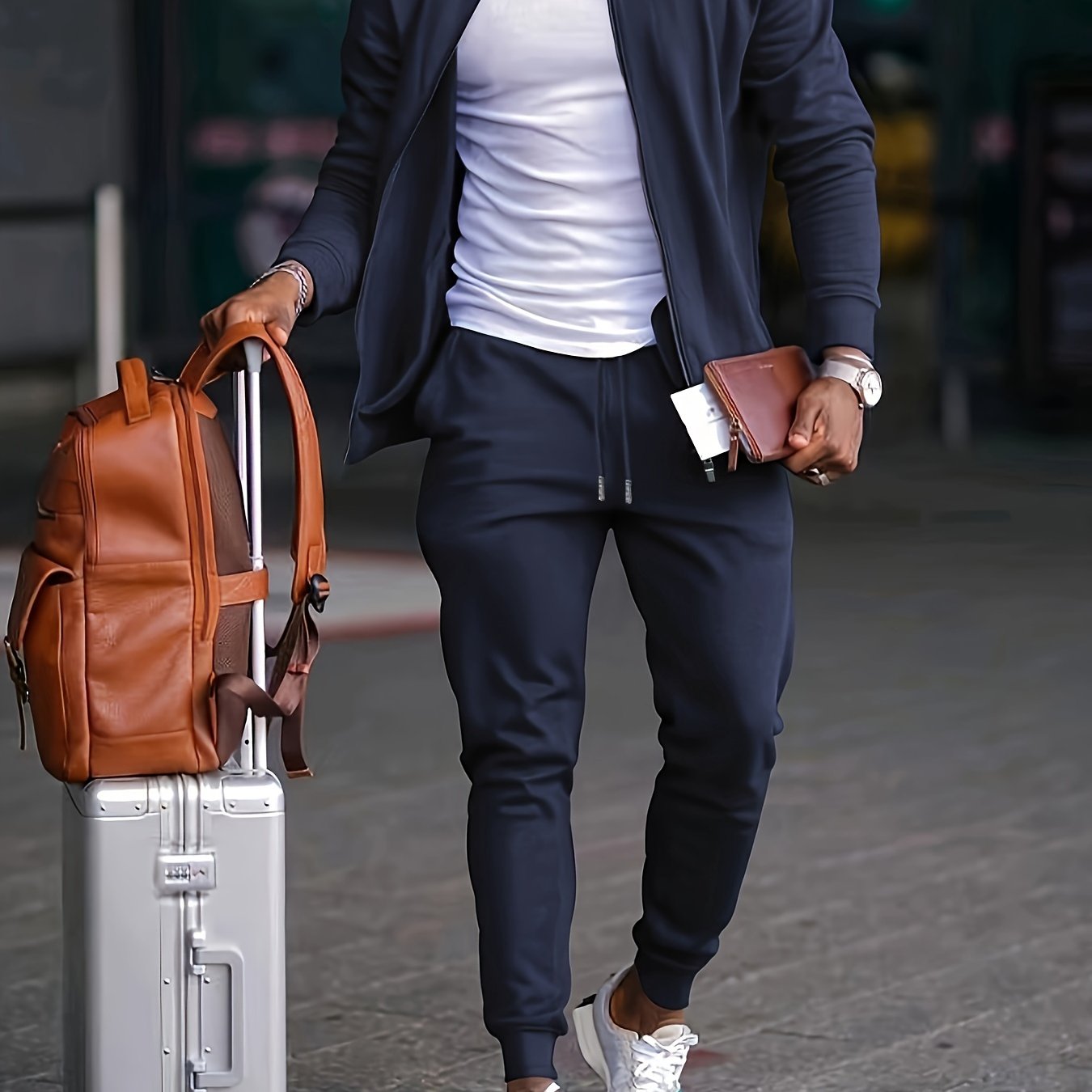Men's New Sporty Casual Fashion Solid Color Set, Men's Cardigan Sweatshirt Set