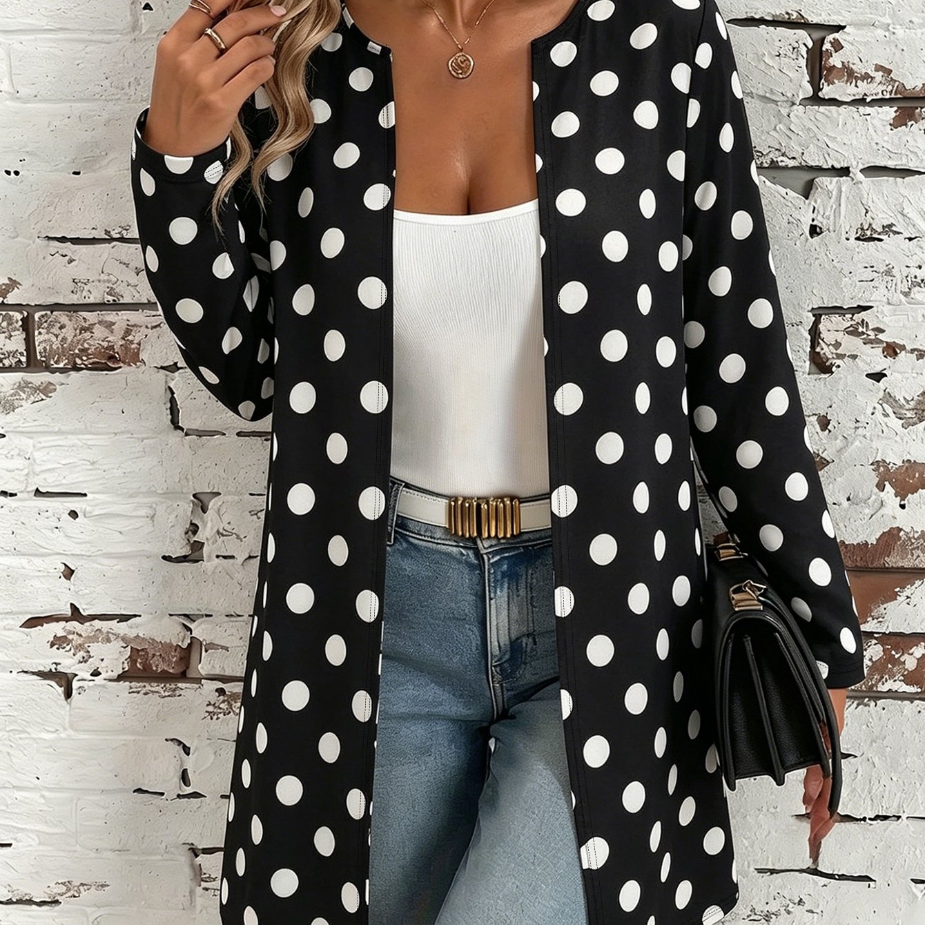 Image of Plus Size, Curvy Plus Size Vintage Black White Polka Dot Long Open Cardigan, Loose Breathable Casual Summer Layering Cover Up Top
