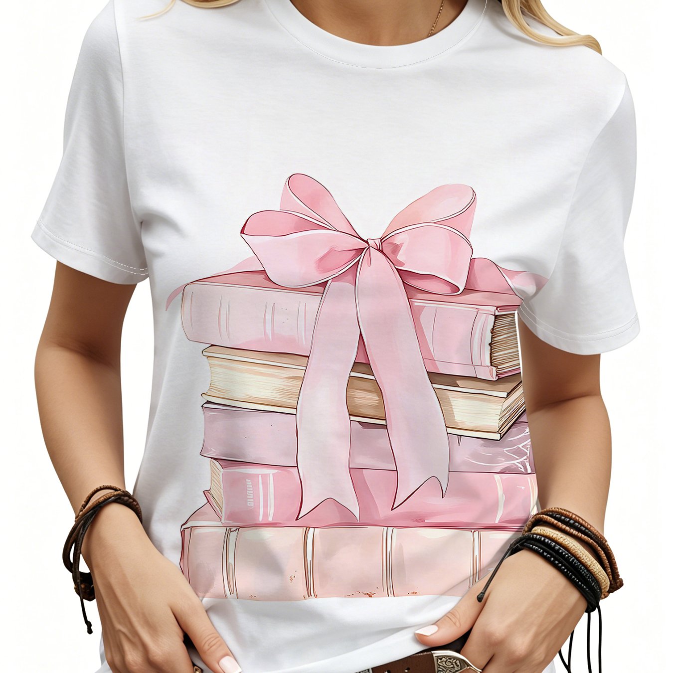 TEMU Summer Women's Fashion Pink Bow Stacked Book Pattern T-shirt, Suitable For Women' Casual Wear, Short Sleeve T-shirt Style