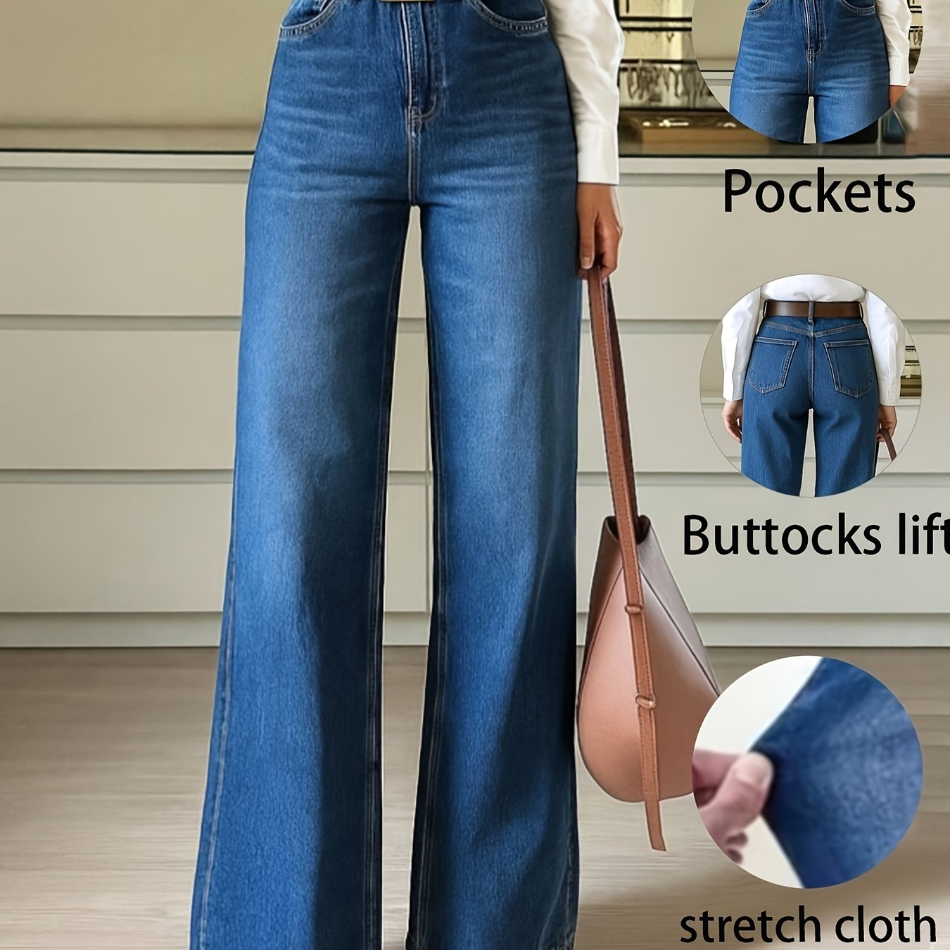 Women's High-waisted Washed Denim Jeans, Elastic Slim Fit, , Suitable For Office, Daily Leisure