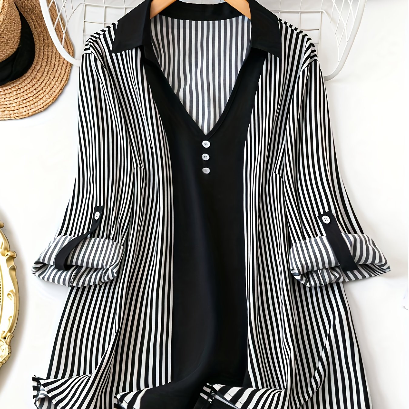 Image of Plus Size - Plus Size - Plus Size Women's Striped Solid Color Shirt Elegant Long-sleeved V-neck Shirt Business Going Out Dress