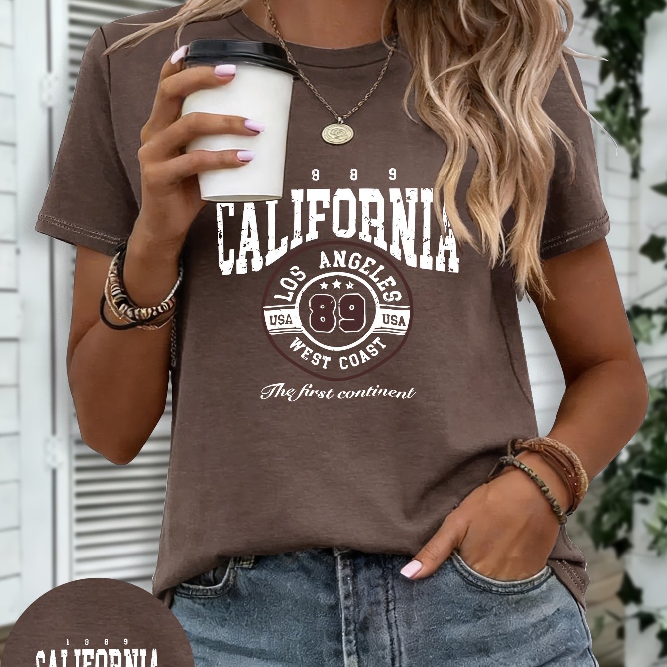 TEMU California Letters, Round Los Angeles Patch Summer Women's Clothing Casual Elastic Comfortable Round Neck Women's T-shirt Short Sleeve