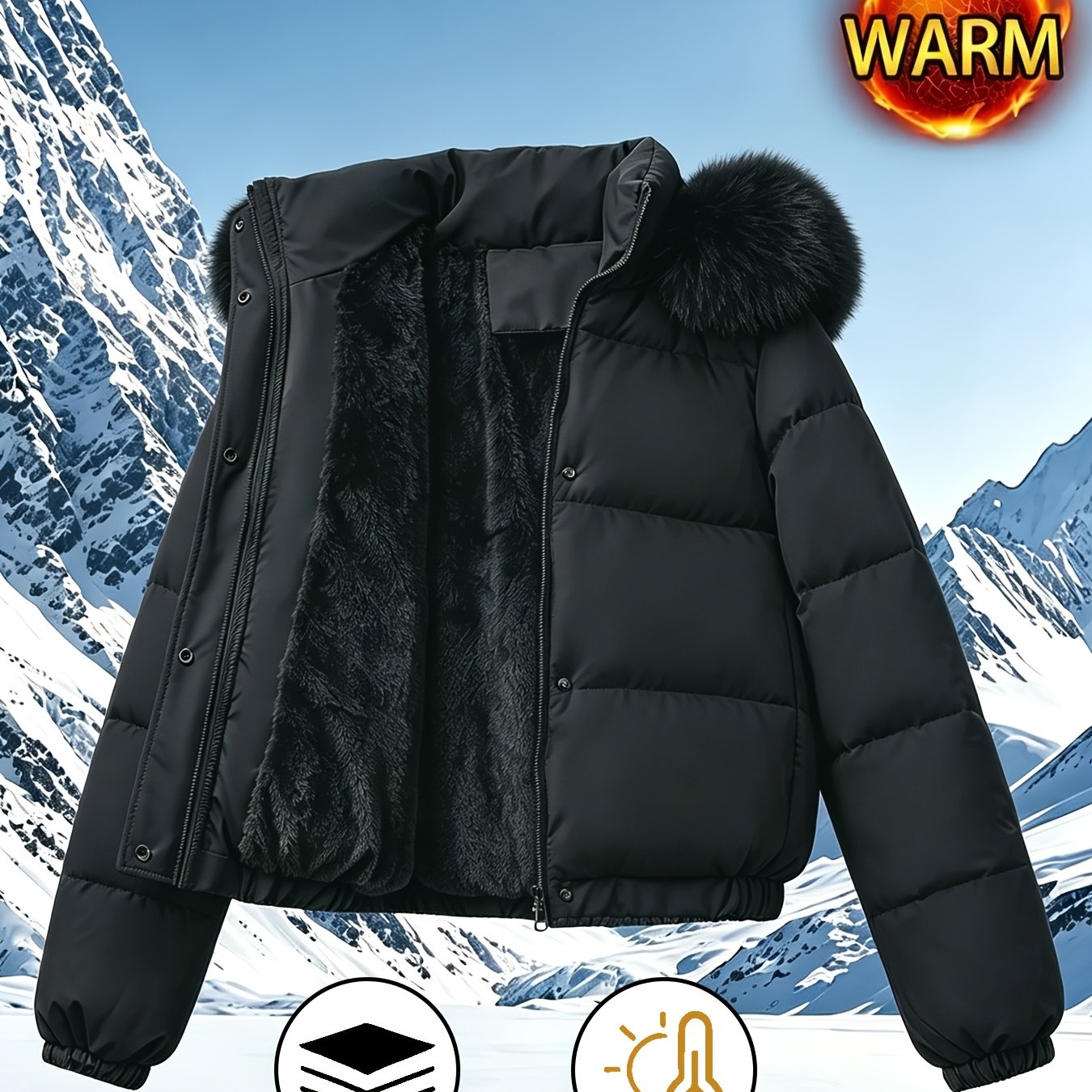 TEMU Chaqueta corta acolchada de invierno para mujer, de abrigo con forro sintético, chaqueta gruesa casual con cremallera y capucha desmontable,