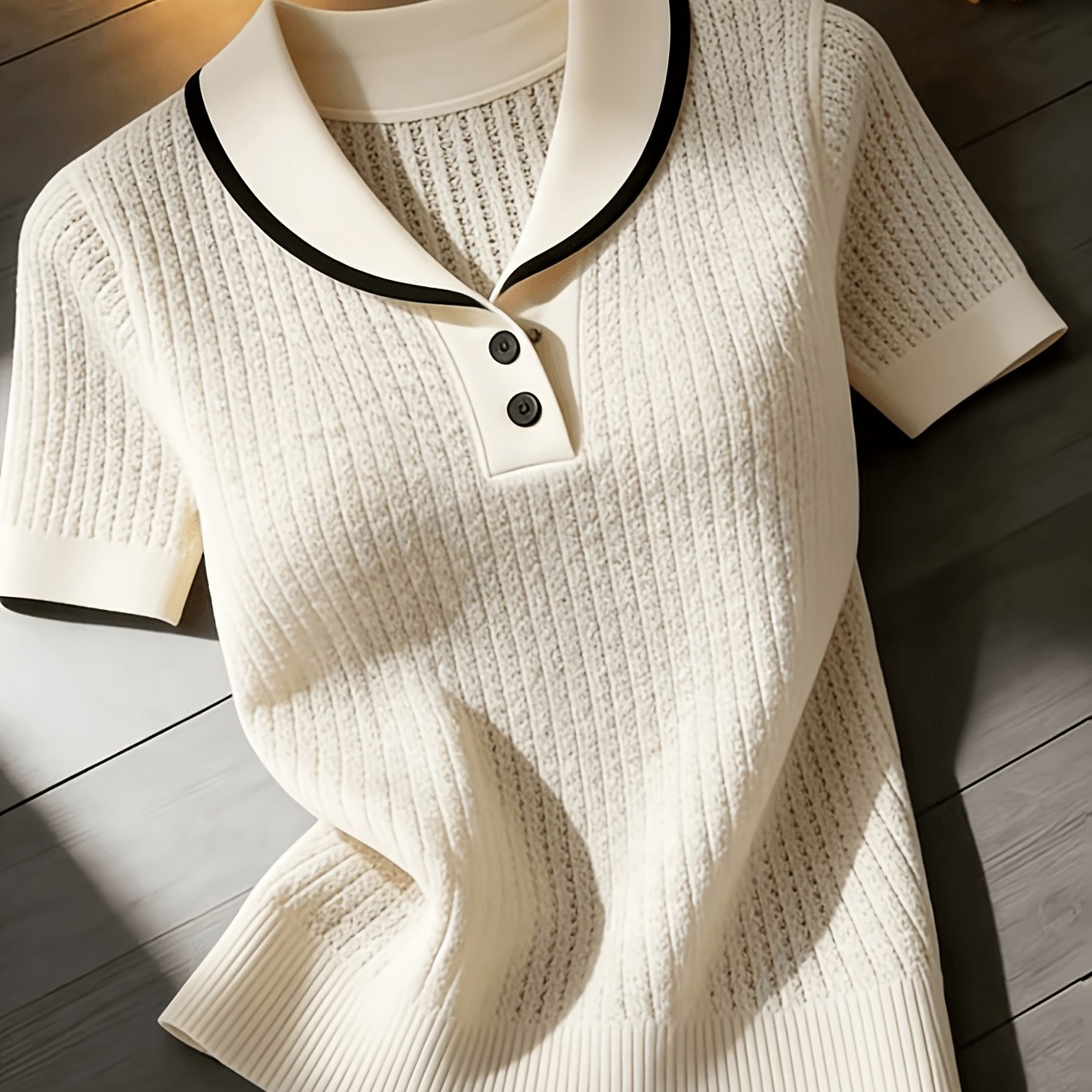TEMU Women's Summer Clothing Short Sleeve Solid Color Sweater, Lapel Hollow Out Design, Slim Pullover, Spring Summer Season