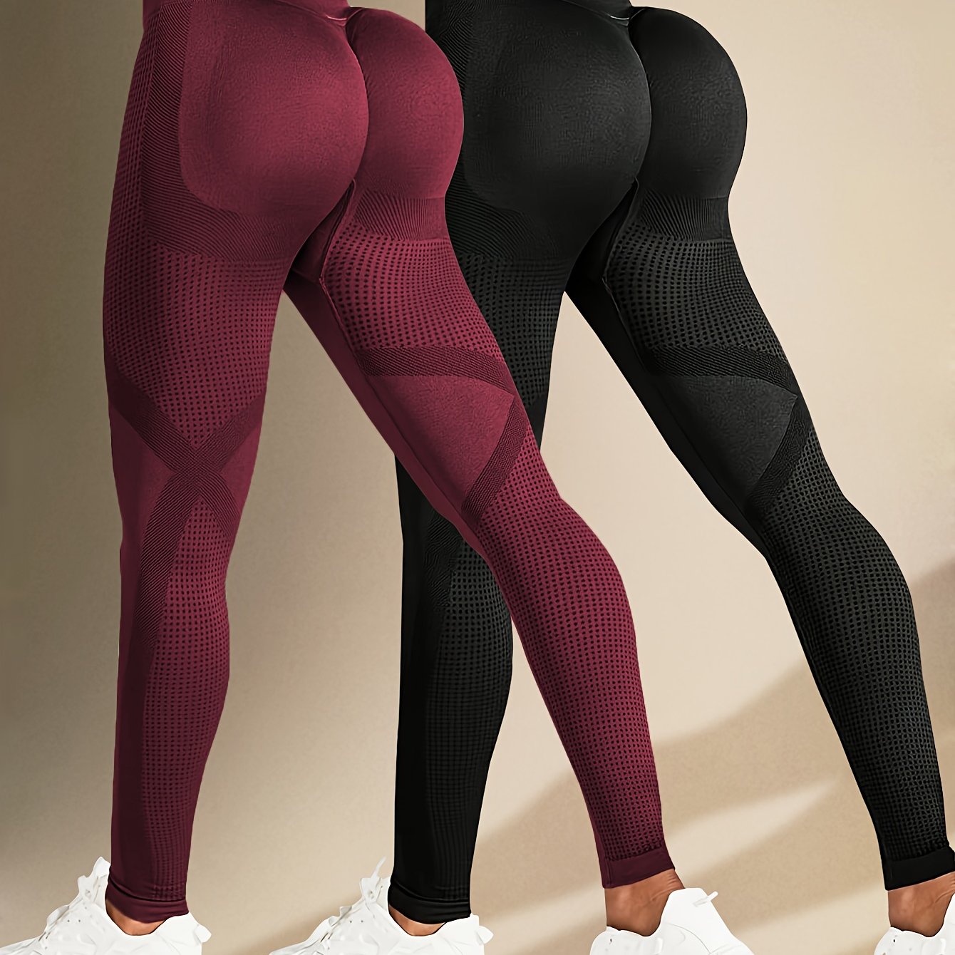 Image of 2pcs Solid Color High Stretch Fitness Yoga Leggings - Tummy Control, Shirred, Elastic Waist, Long Length, Polyamide And Elastane Material - Perfect For Women's Activewear, Sports, And