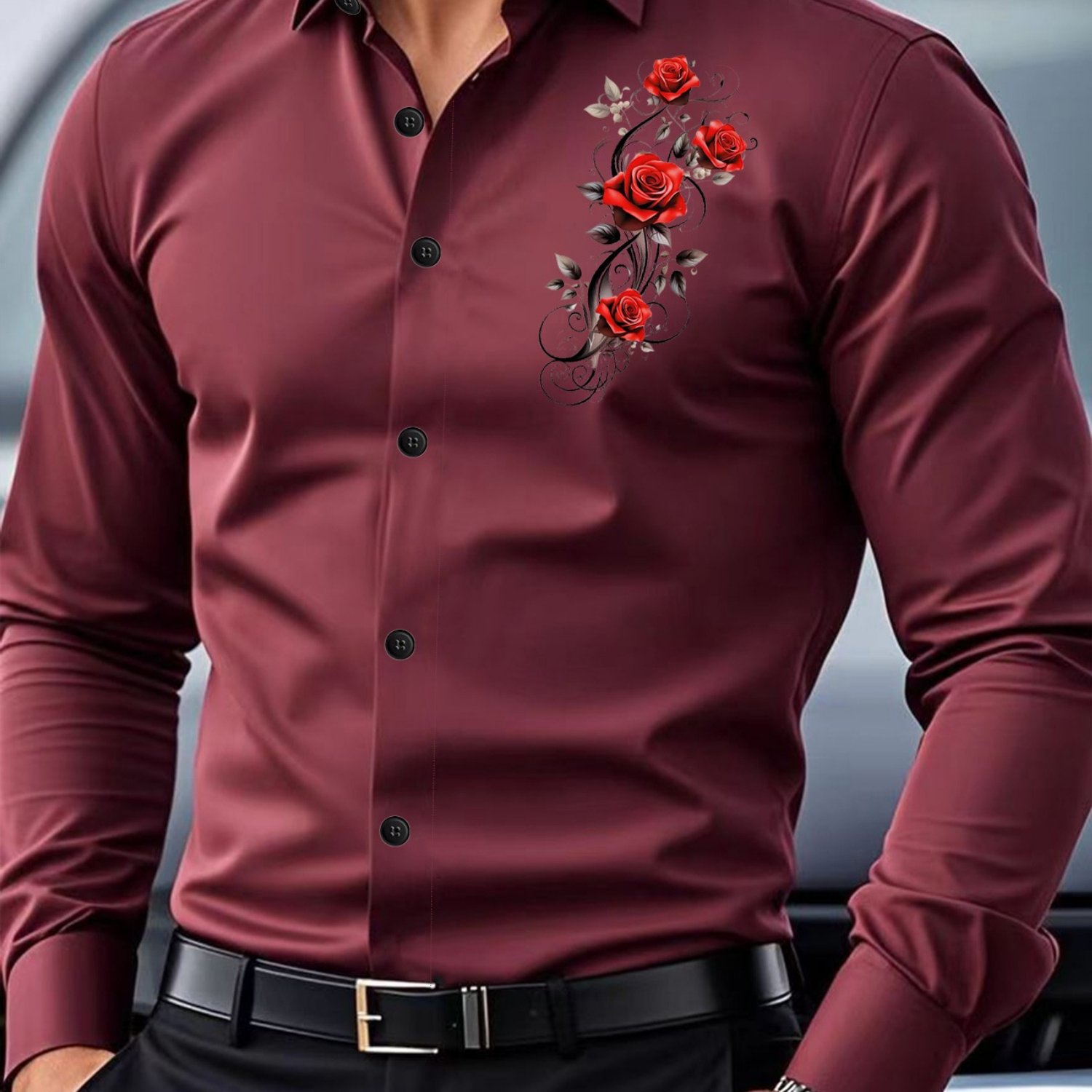 TEMU Light Luxury Rose Print Men's Collared Shirt