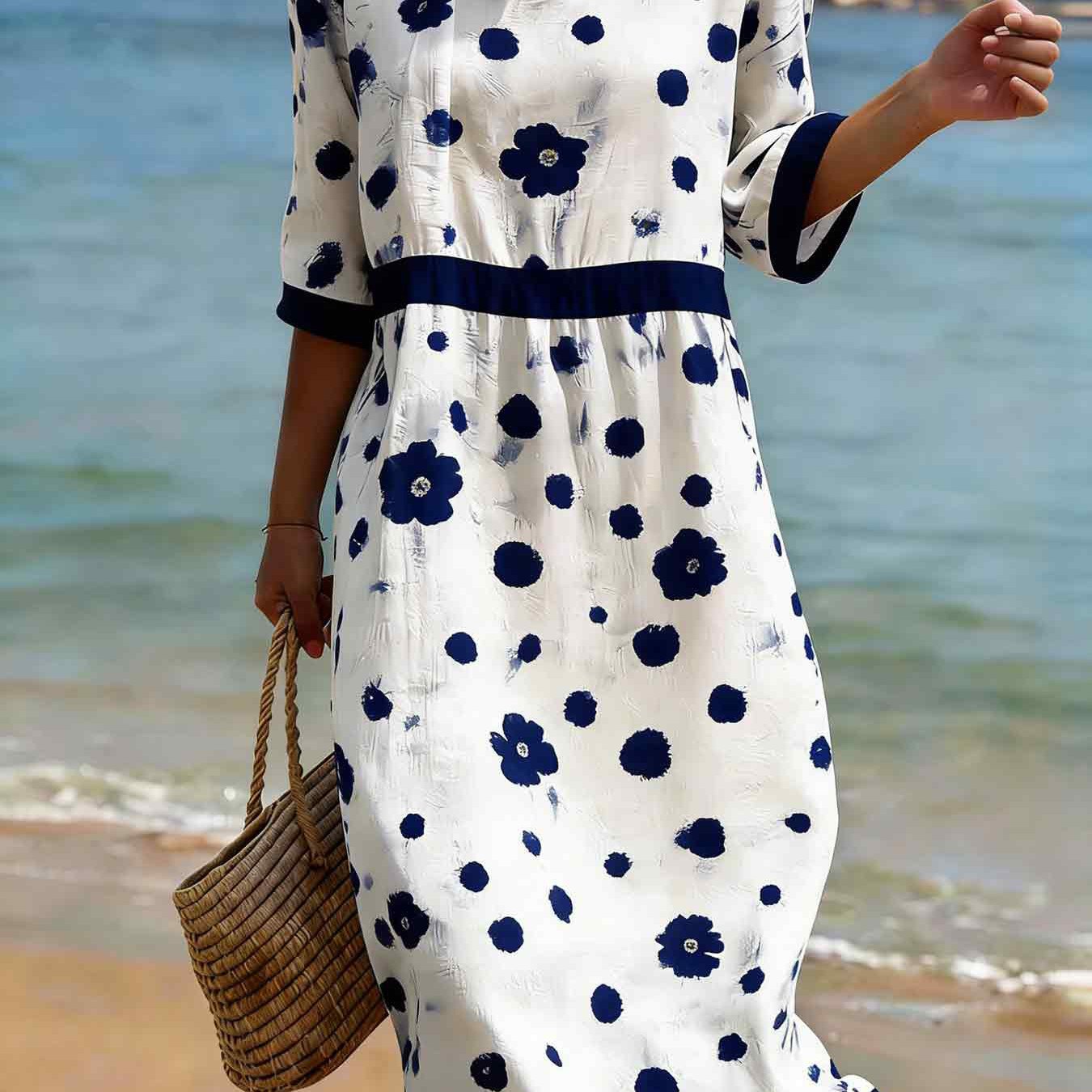 Image of Plus Size - New Arrival Vintage Casual Women Round Neck 3 Quarter Sleeve Midi Dress, Allover Navy Ink Floral Print With Contrast White, High Waist Gathered Swing Skirt Daily Holiday Outfits
