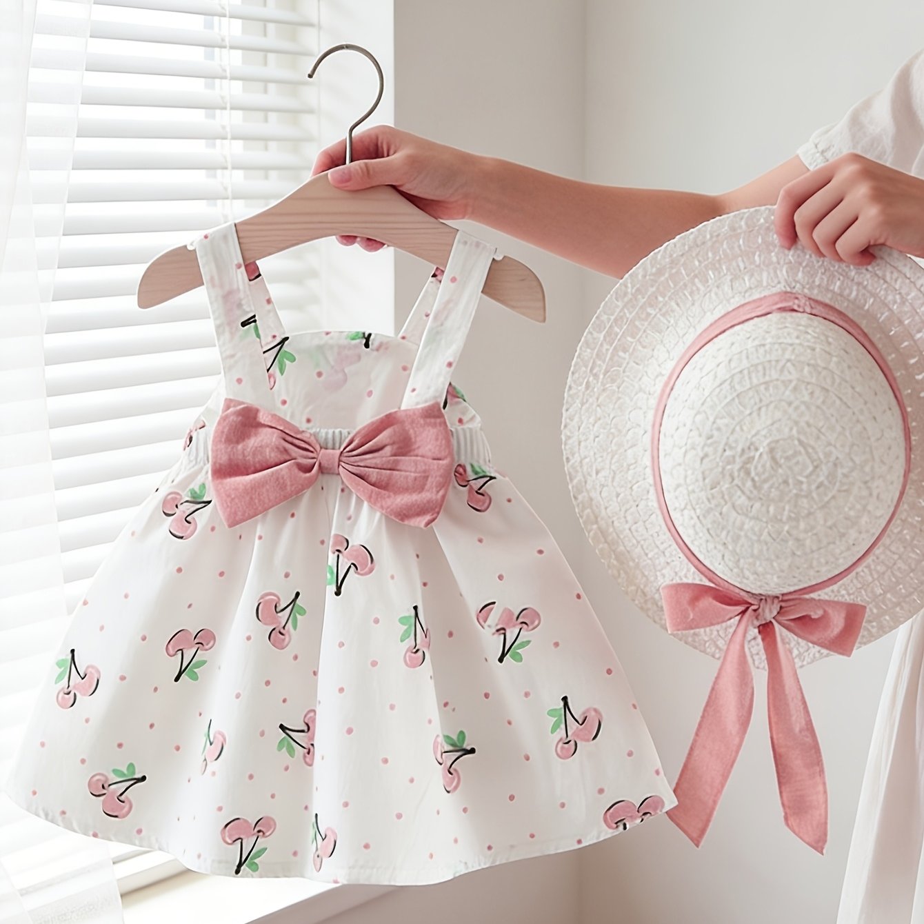 Image of Girls' Bow Camisole Dress With Random Hat, Summer Girls' Clothing, Cherry Polka Dot Print Sleeveless Dress, Little Girl's Outing Cool Summer Outfit