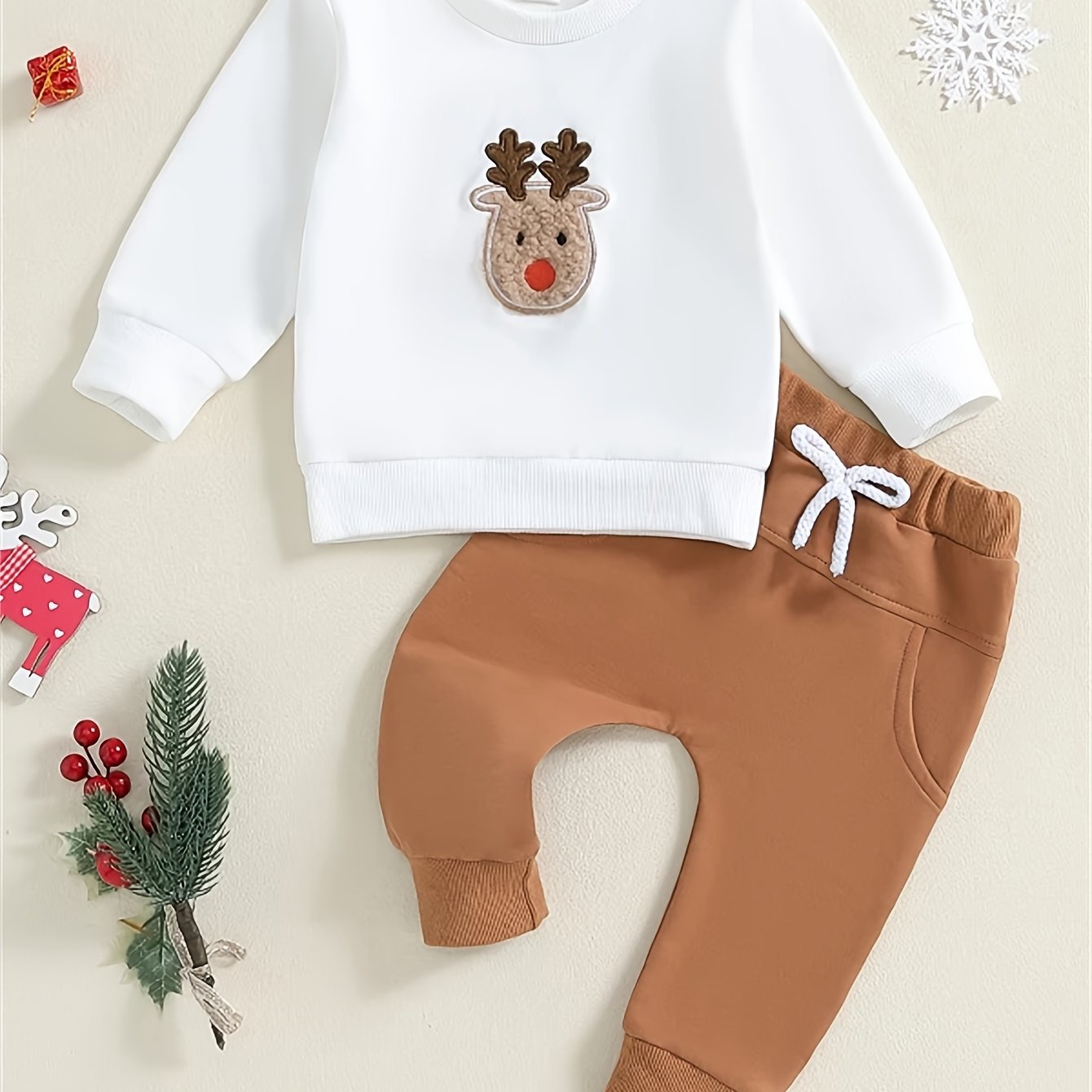 Image of Boys' Christmas Reindeer Embroidered Crew Neck Long Sleeve Sweatshirt And Pants Newborn Set, Perfect For Outdoor