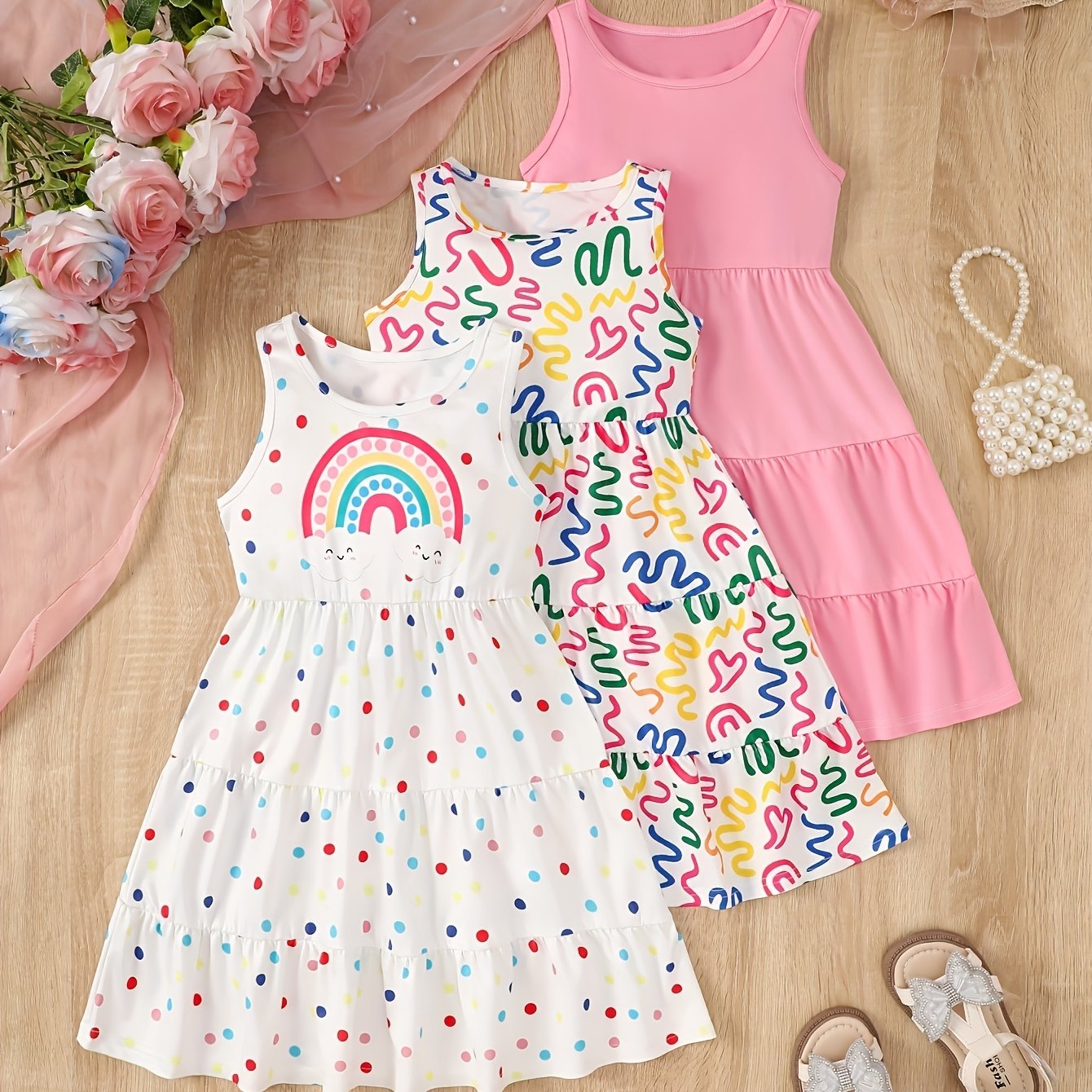 TEMU Pack Of 3, Summer Girls 8 Years Old Sleeveless Dress Party Gift 10 Years Old Children's Dresses Quick-drying Children's Casual -up Girls
