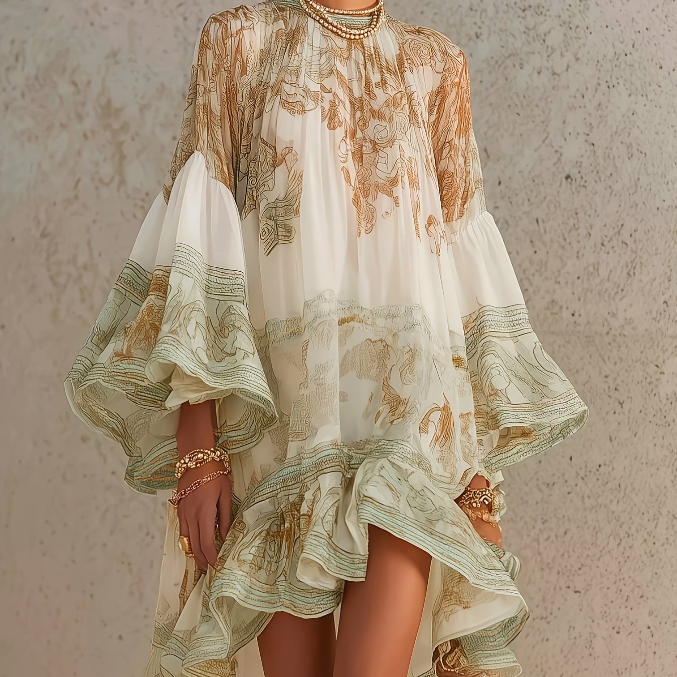 TEMU Elegant Relaxed | Vintage Printed Stand Collar Flared Sleeve Irregular Short Skirt