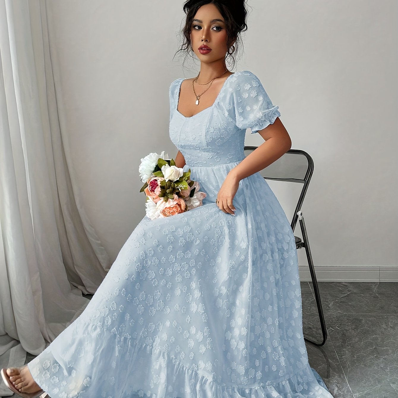 E-shop Damen Temperament Elegantes Jacquard Stoff Rüschenbund Puffärmel A-Linien Kleid
