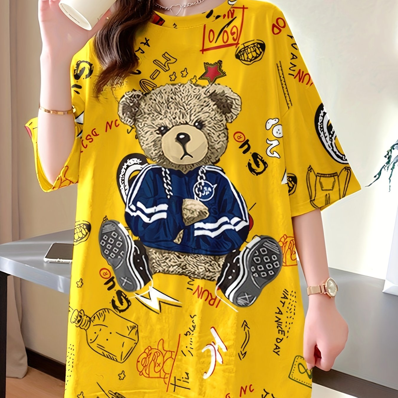 Image of Summer New Large Size Loose Fashion Trend Slim Cartoon Round Neck Print Ladies Women's Medium And Long Short-sleeved T-shirt Clothes