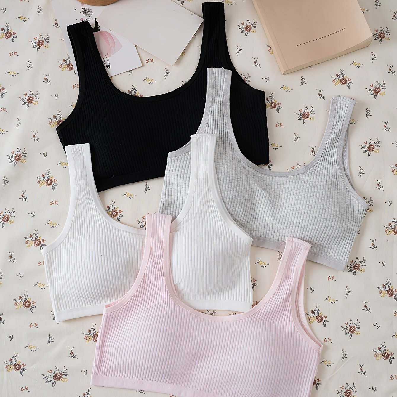 Image of 4pcs Set Of Girls' Puberty Underwear, Ribbed Wire-free With Non-removable Padding Bra, Comfortable And Breathable Vest-style Underwear, Suitable For 11-16 Year Old Female Students