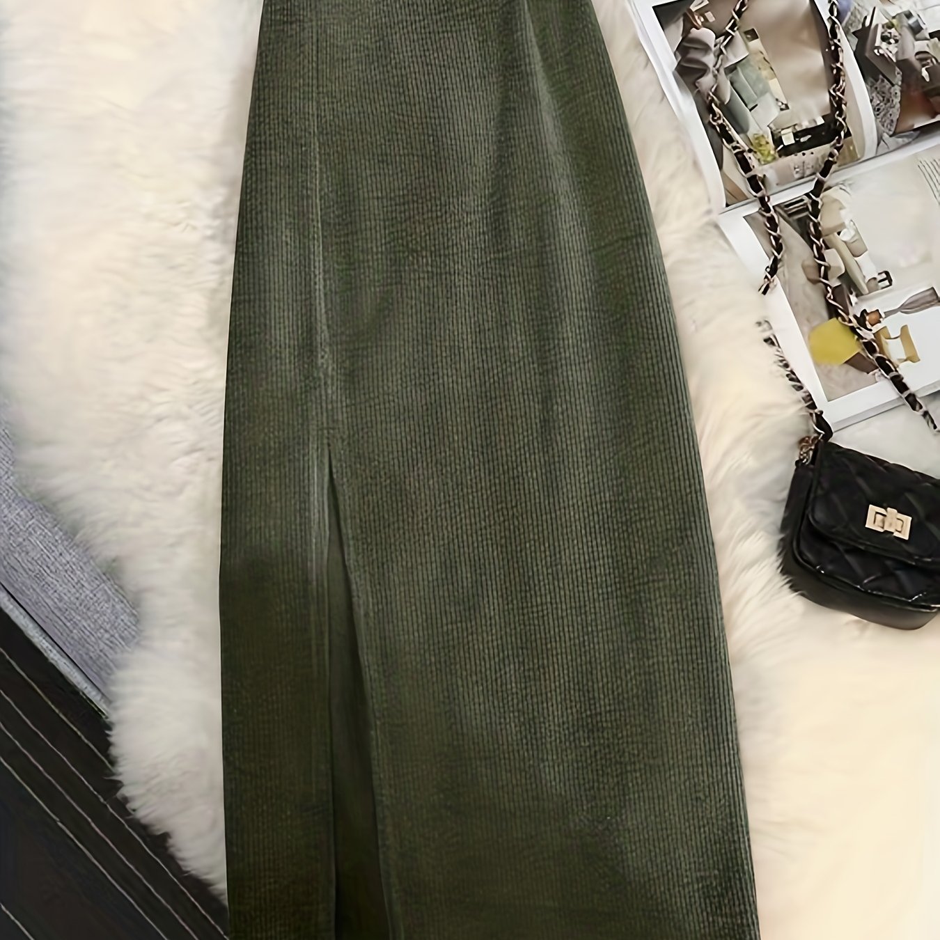 TEMU Women's Autumn Winter Solid Elegant Corduroy Side Slit Half Skirt (belt Not Included)