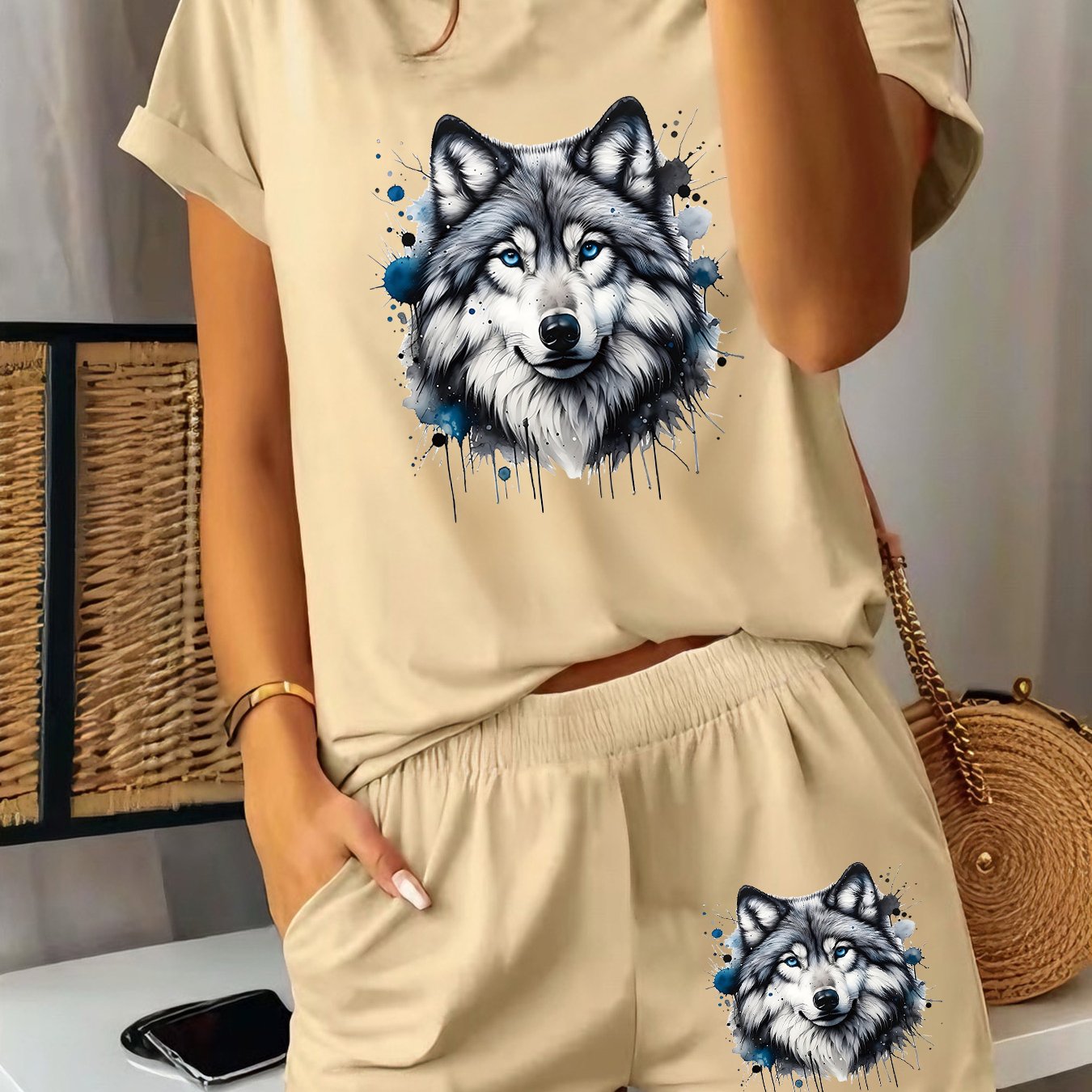 TEMU 2pcs Women's Spring Summer Matching Short Sleeve & Shorts Pajamas - Wolf Head Print Breathable Sleepwear Suitable For Girlfriend Gifts, Gym,