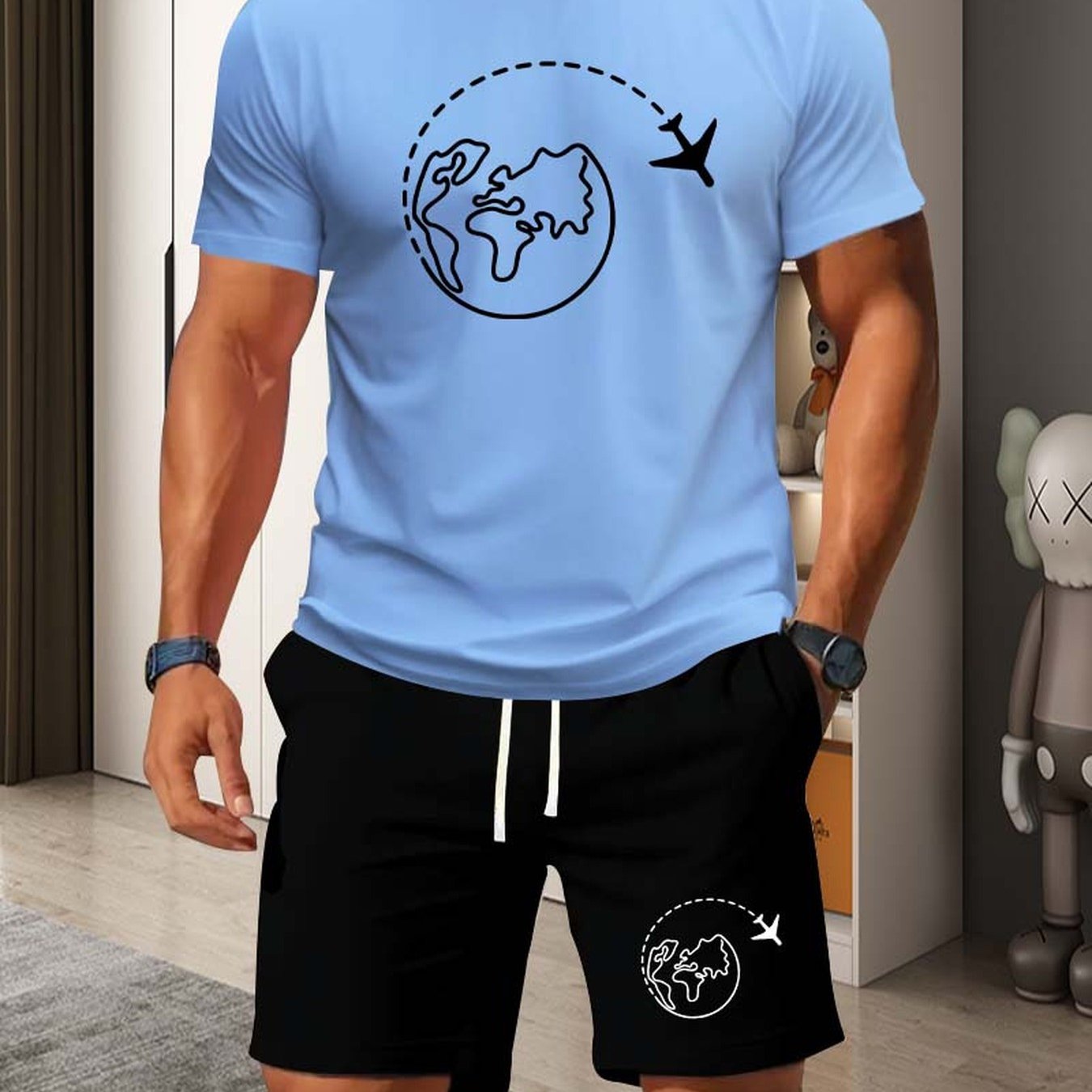TEMU Ensemble pièces pour homme imprimé motif de voyage aérien du monde, comprenant un short et un t-shirt à manches courtes, respirant, idéal pour