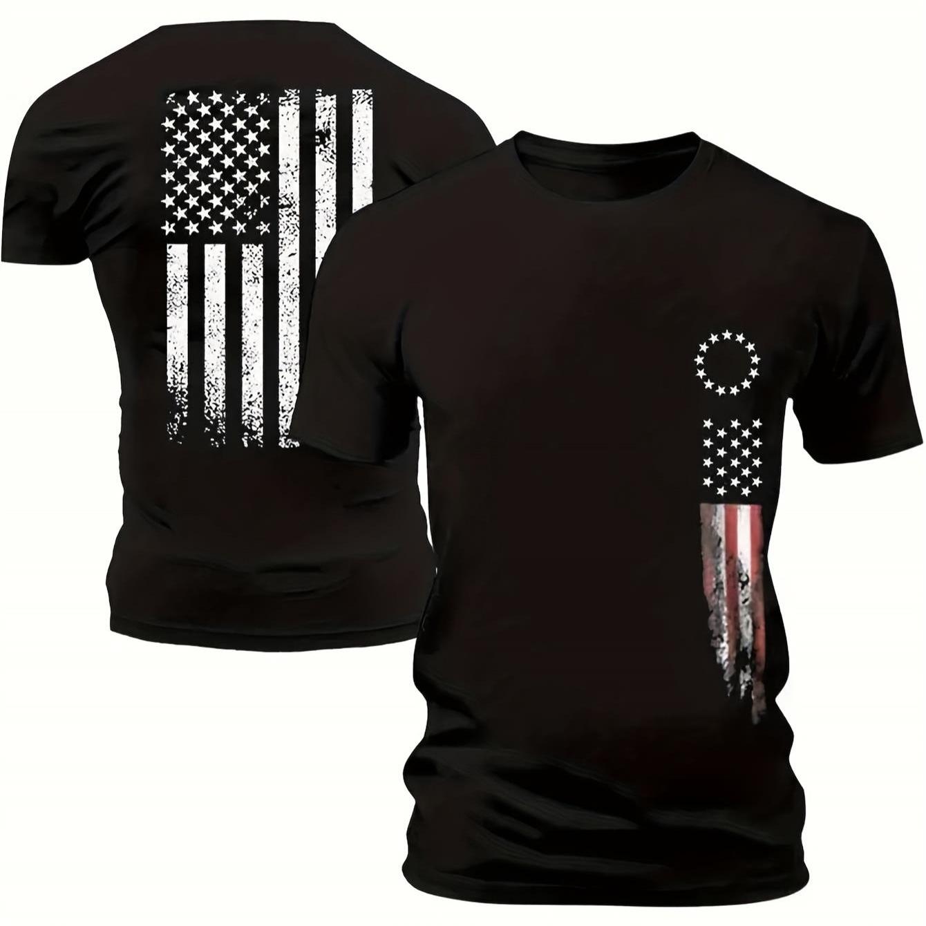 TEMU Front And Back Images Men's Vintage American Flag Distressed Pattern T-shirt- Distressed Pattern Printed On The Front And Back- Round Neck,