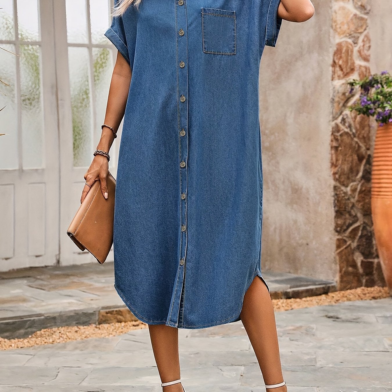 Image of Plus Size Women's Casual Denim Button-front Dress - Relaxed Fit Sleeve With Chest Pockets, Machine Washable For Spring Summer Fall, Denim Dress, Nontransparent Fabric
