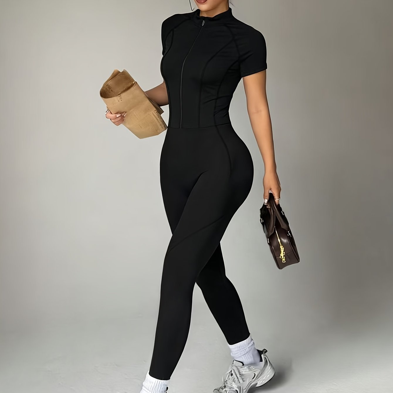TEMU 1pc Women's Trousers With High Elasticity, Shaping Waistband, High Neck, Zipper Design, Back And Shoulders, Peach-shaped Hip-lifting, Abdomen