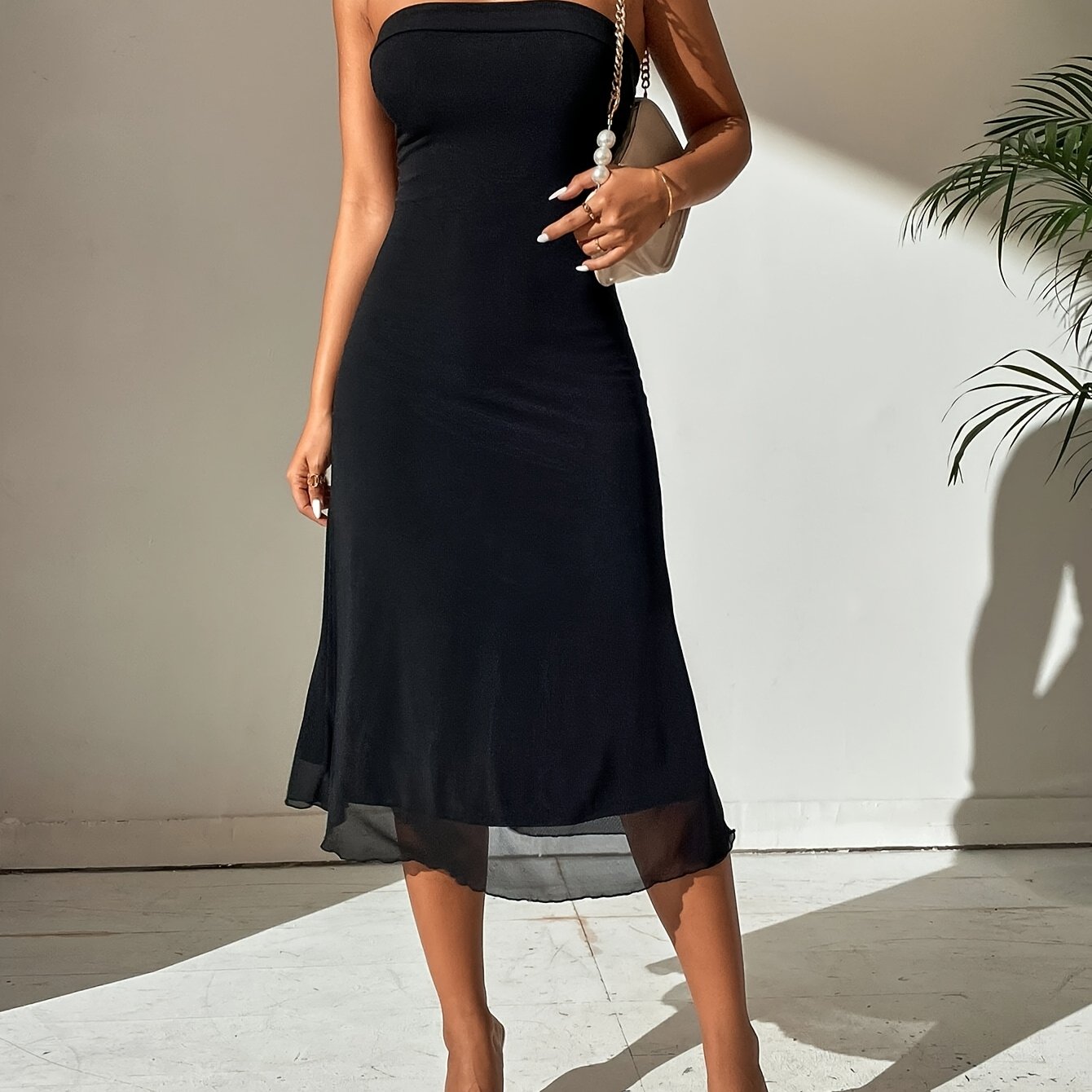 Image of Elegant Strapless Sleeveless Maxi Dress - Black Summer Wedding Guest Dress, High Elasticity Slim Shoulder Line, Spring/summer Party & Formal Attire, Machine Washable Solid Color Dress