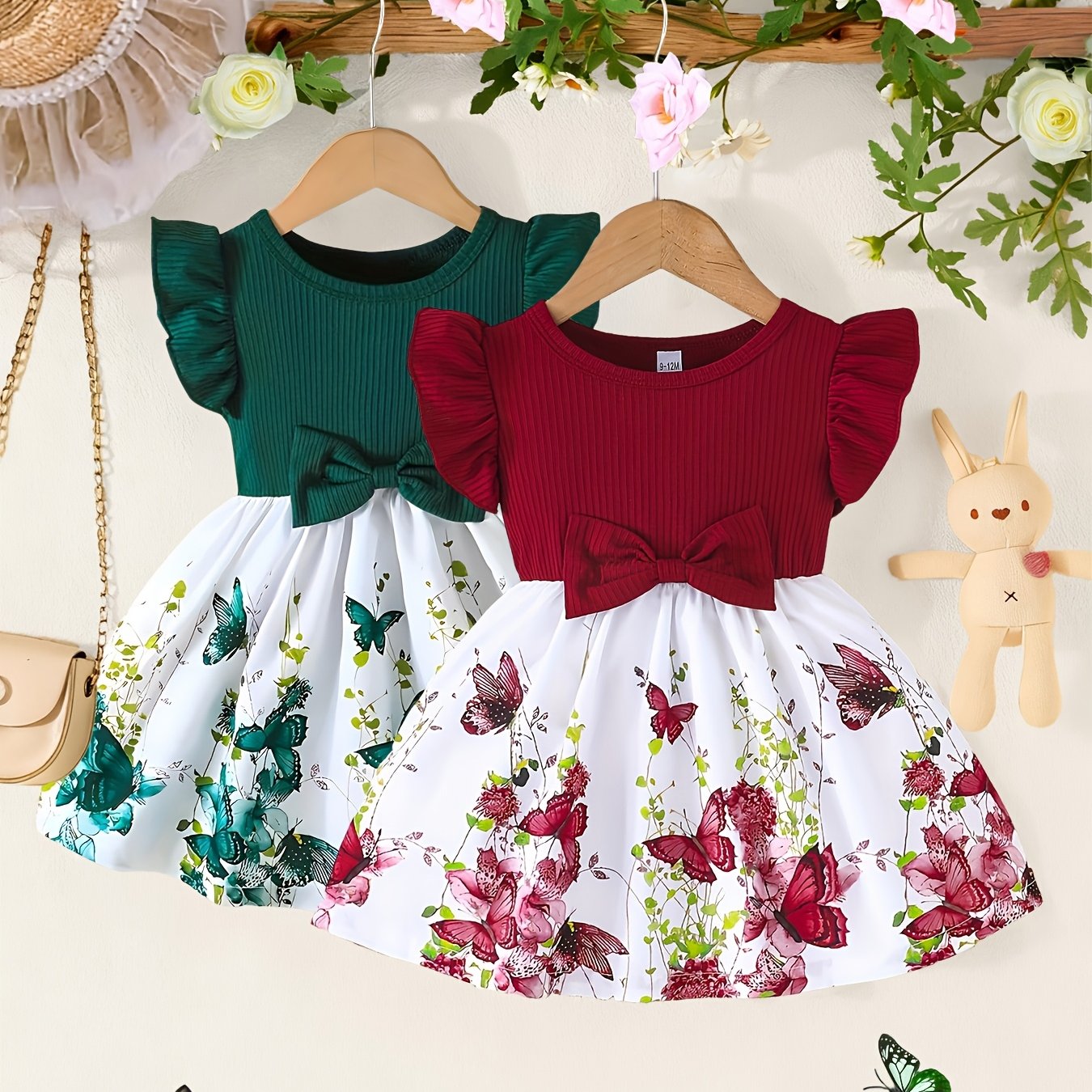 Image of 2pcs Baby Girl Casual Dress Set, Cute Bow And Colorful Floral Print Toddler Fashion Comfortable Dresses, Perfect For Home, , Parties, Holidays, And Travel, Baby Girl Clothing Gift