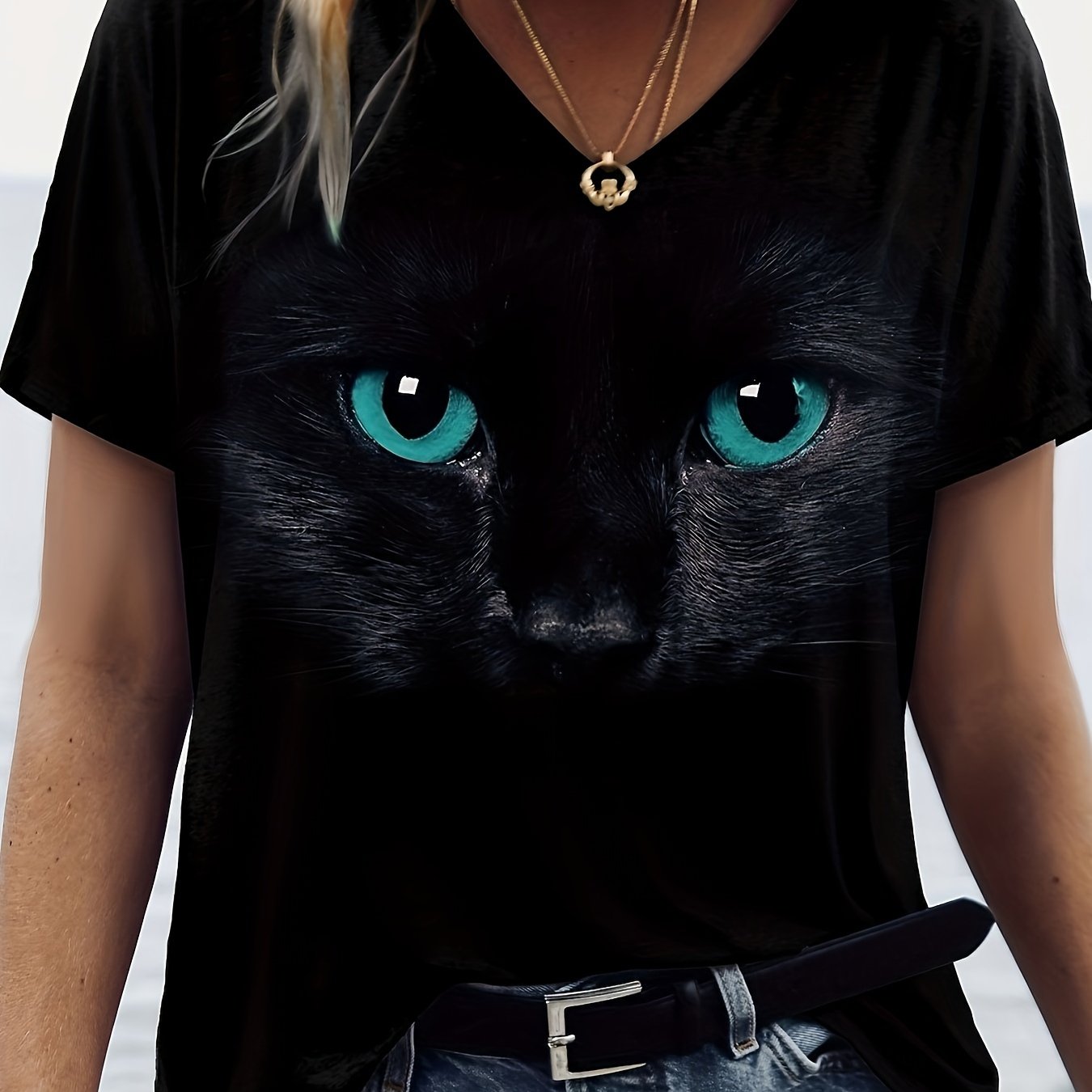 TEMU Cat Print V Neck T-shirt, Casual Short Sleeve Top For , Women's Clothing