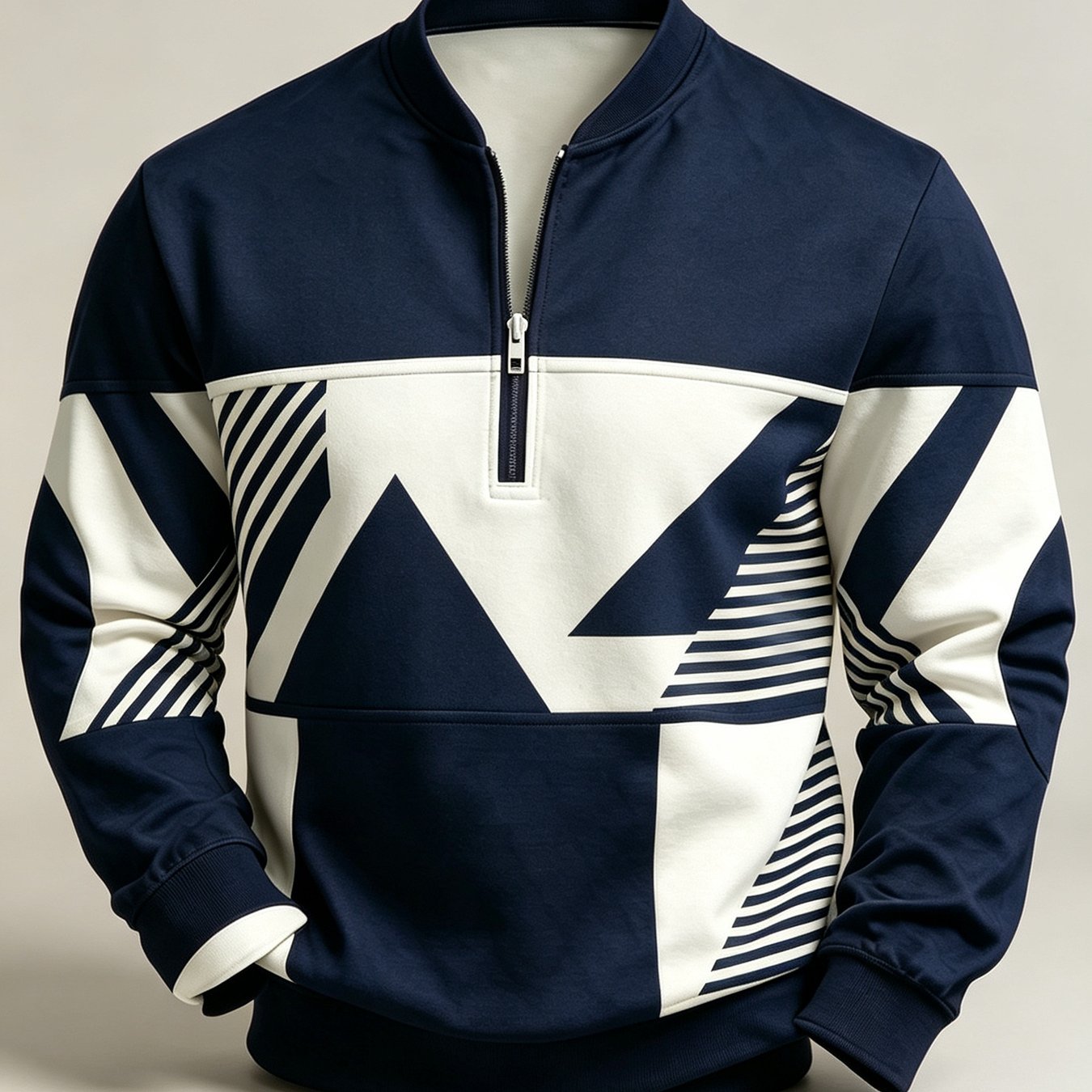 Image of New Autumn And Winter Men's Plus Size Long Sleeve Half Zip Stand Collar Sweatshirt, With Geometric, Striped, Retro And Other Printed Elements, Versatile Top For Daily Commuting, Holiday Gift