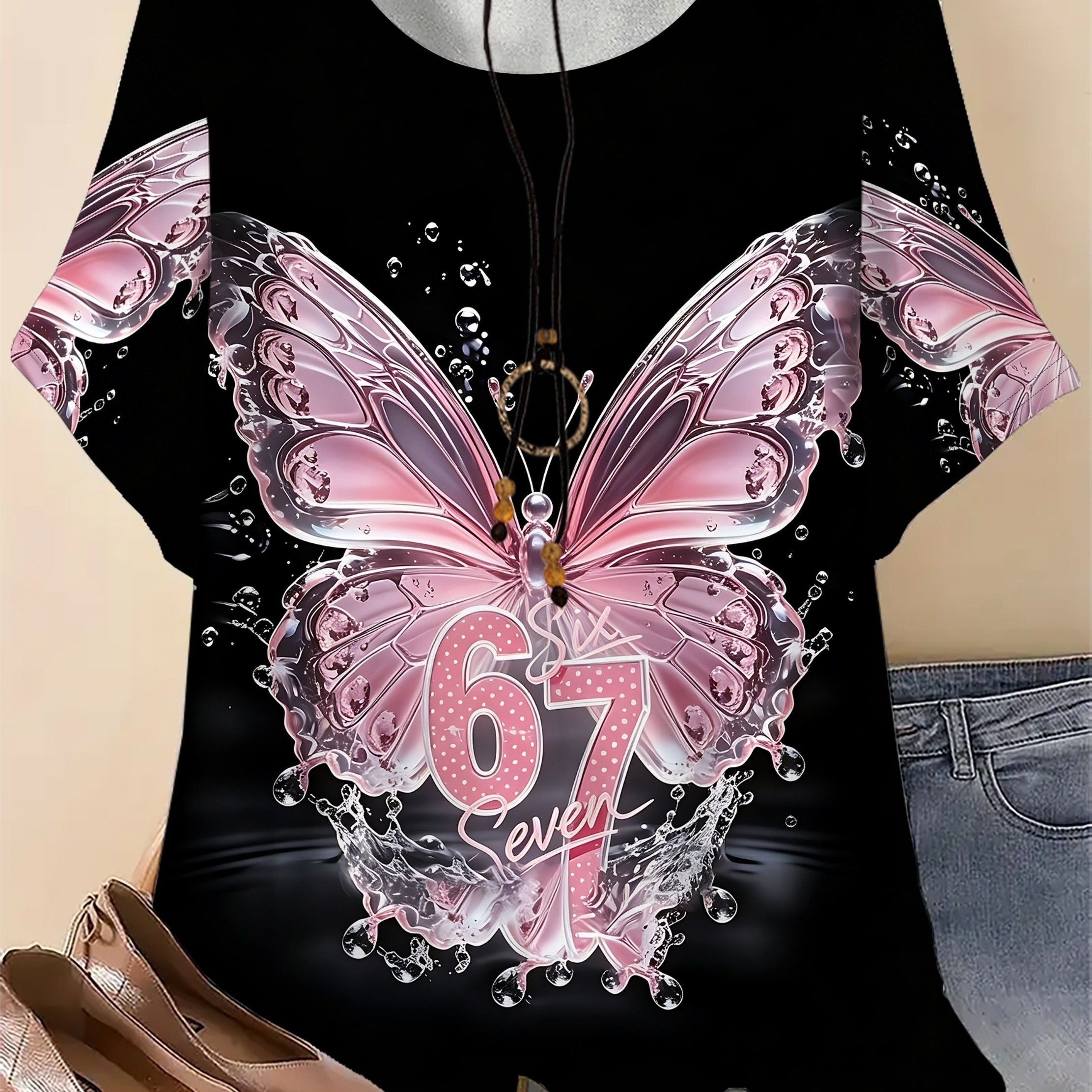 Plus Size - Plus Size Comfortable Casual Elegant Easy Style Women's Round Neck Short Sleeve T-shirt With Digital Print Pattern