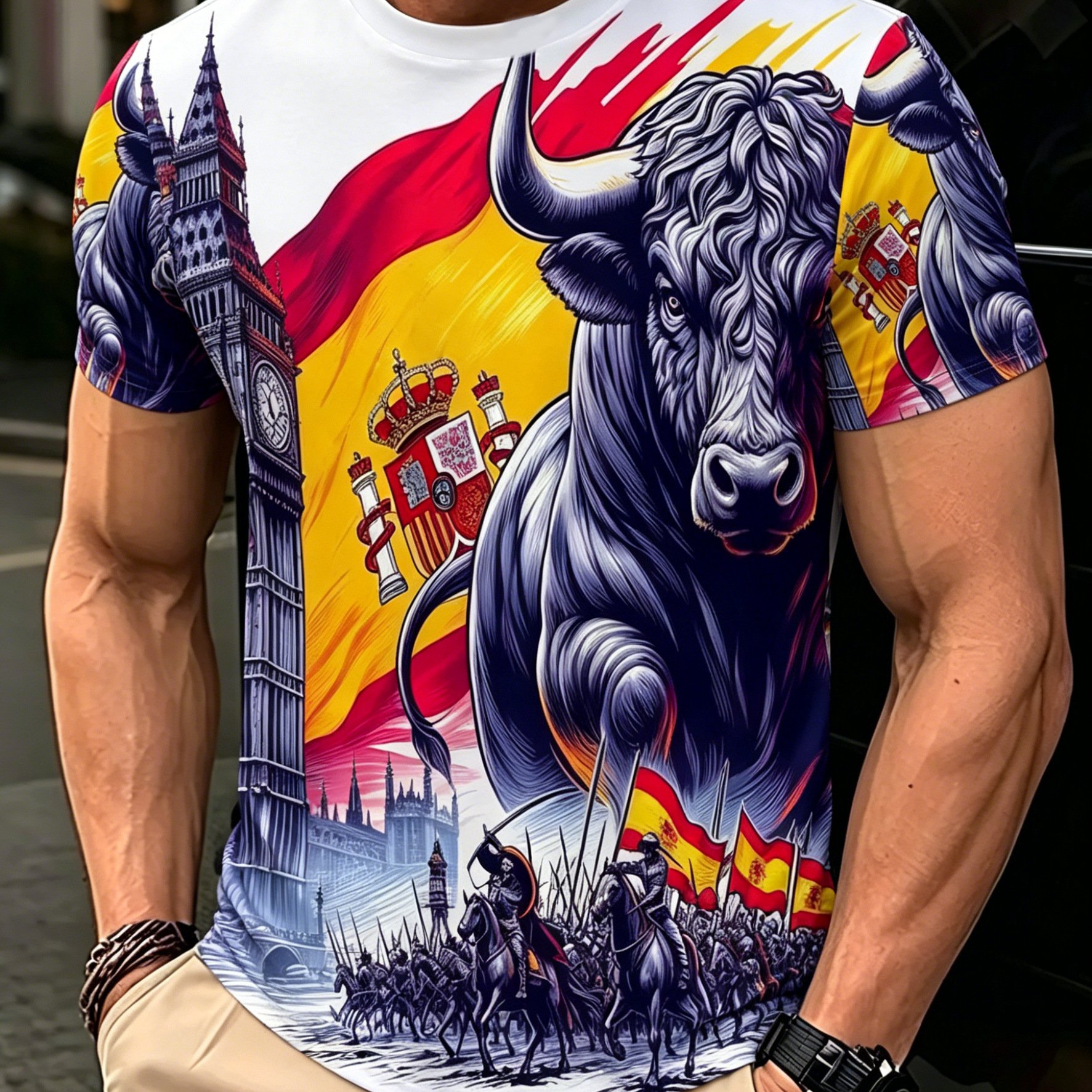 TEMU Camiseta de hombre con diseño de y de España, camiseta patriótica vintage de con cuello y manga corta