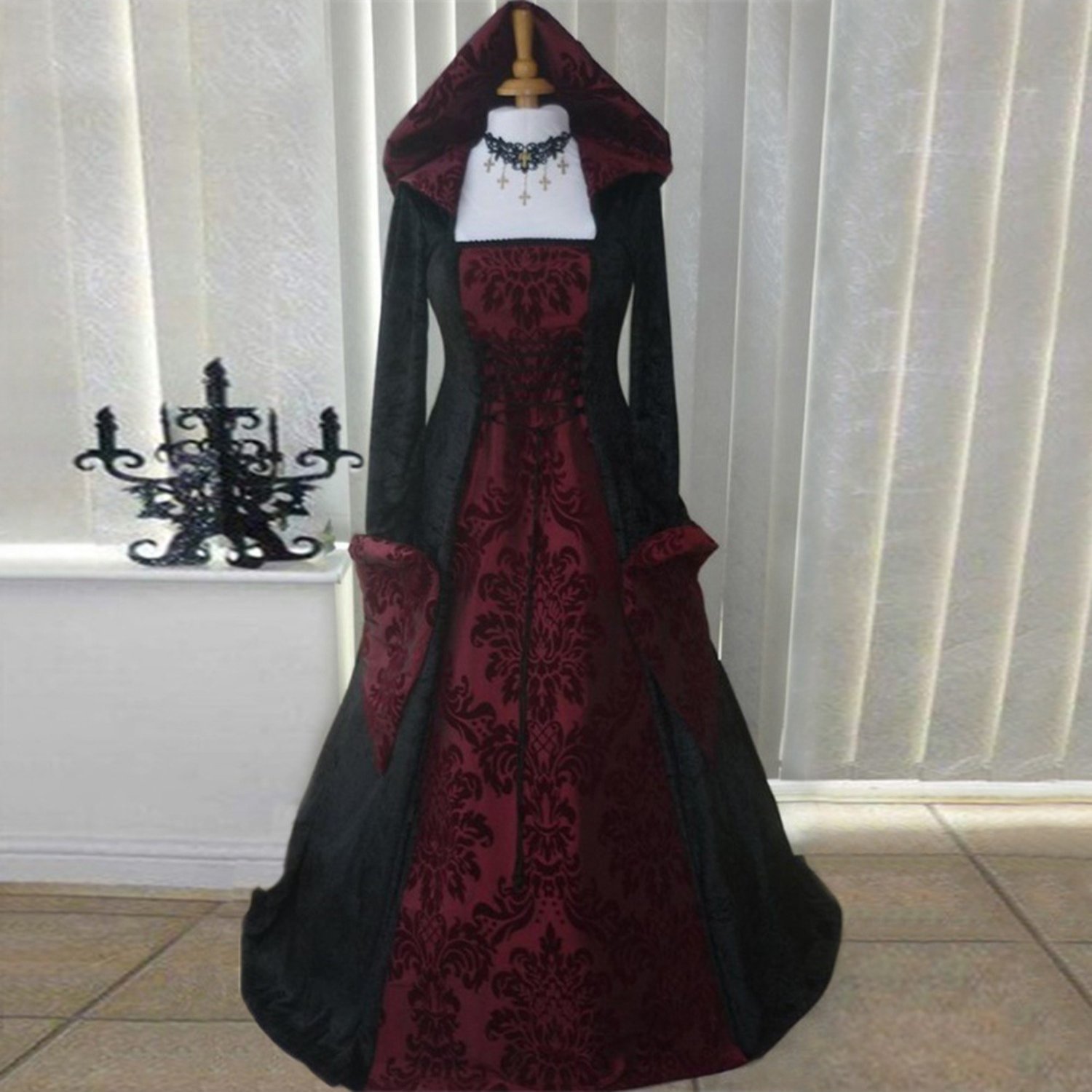 TEMU Plus Size - L-5xl Large Size Long-sleeve Lace-up Waist Hooded Dress, Printed Court Dress, Stage Performance Costume, Suitable For Halloween,