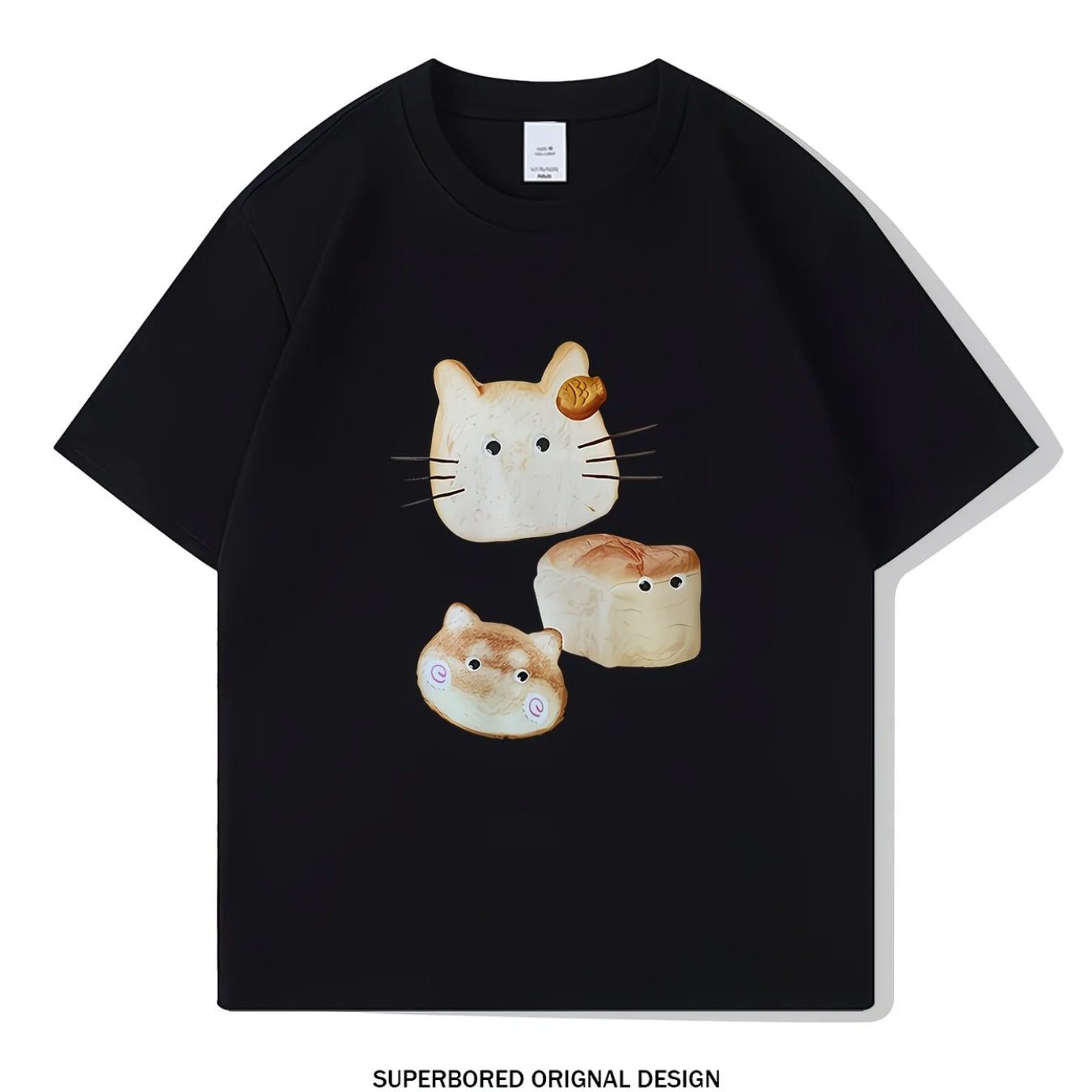 TEMU 만화 빵 고양이! 창의적인 패턴 라운드넥 티셔츠, 여름 트렌디 패션 반팔, 캐주얼 데일리 스타일 탑