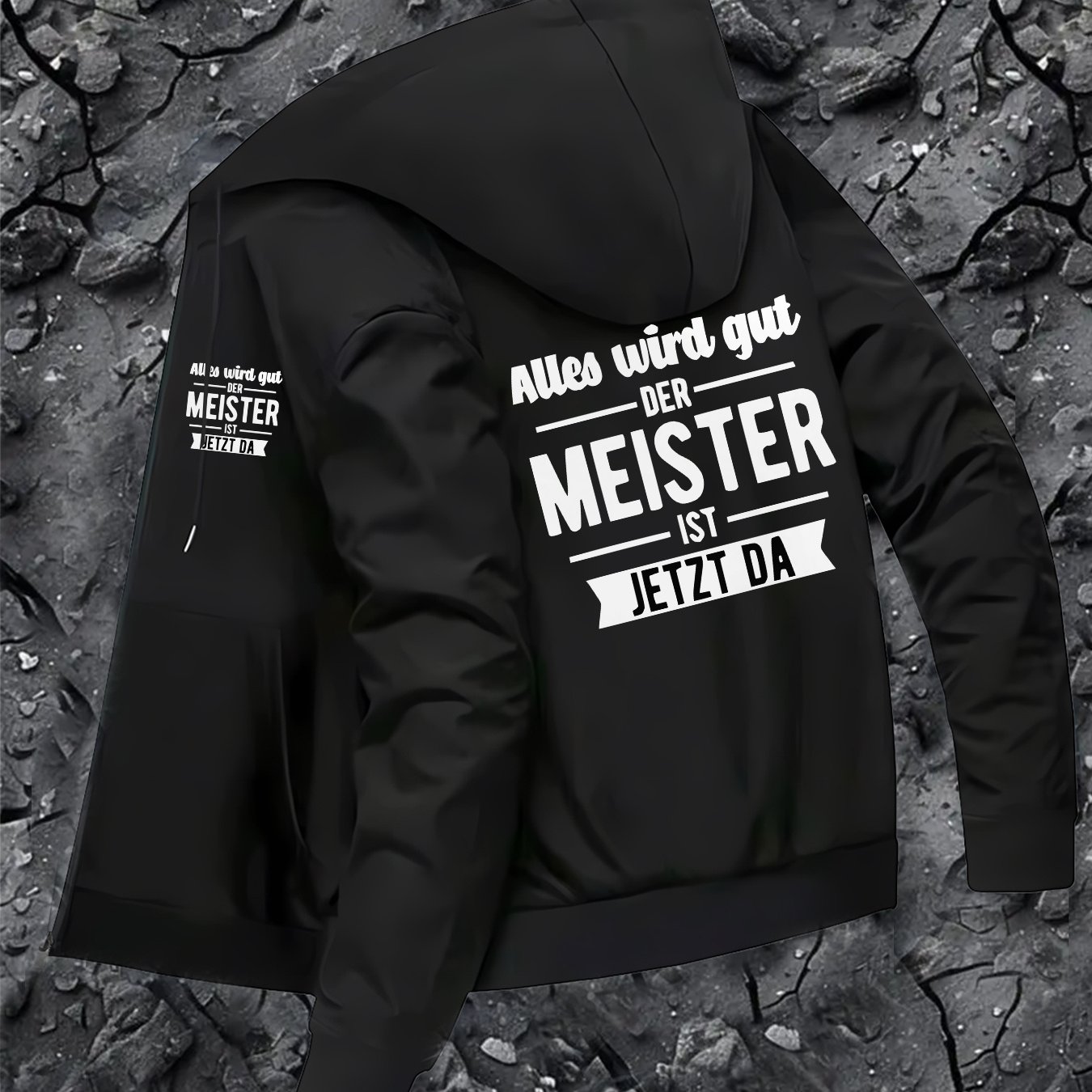 E-shop Stylische Jacke mit Kapuze für Herren, deutscher Motivationsdruck, lässige Zip-Up Jacke, Seitentaschen und Slim Fit, Herbst- und