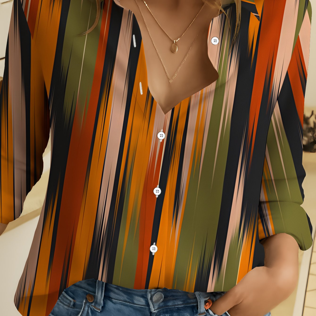 TEMU Women's Long Sleeve Shirt, Standard Size, Vertical Stripe , Printed Shirt, Colorful Vertical Lines, Women's Floral Shirt, Warm Tones, Women's